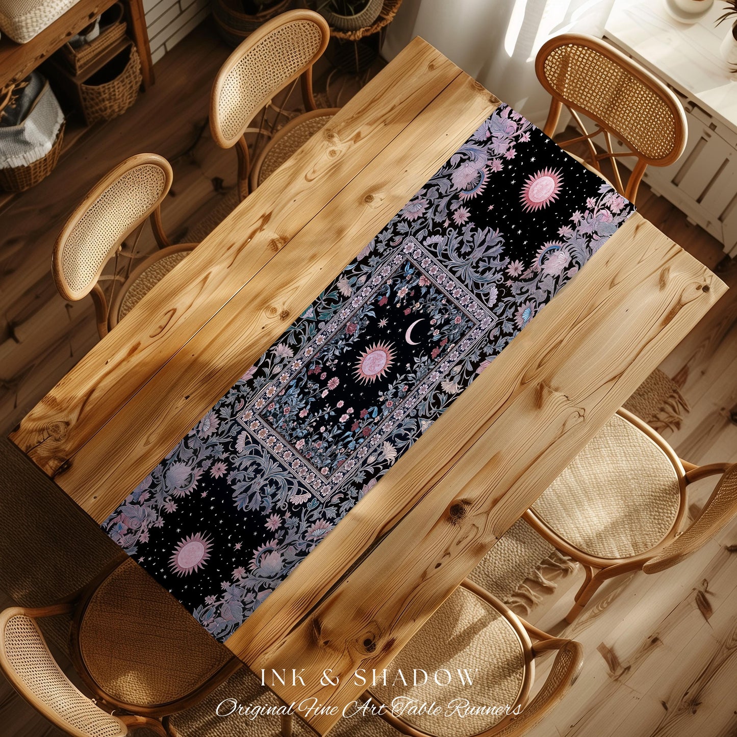 Midnight Lavender Celestial Table Runner | Witchy Pastel Tarot-Inspired Dining Room Bohemian Sun and Moon Maximalist Astrology Purple Decor