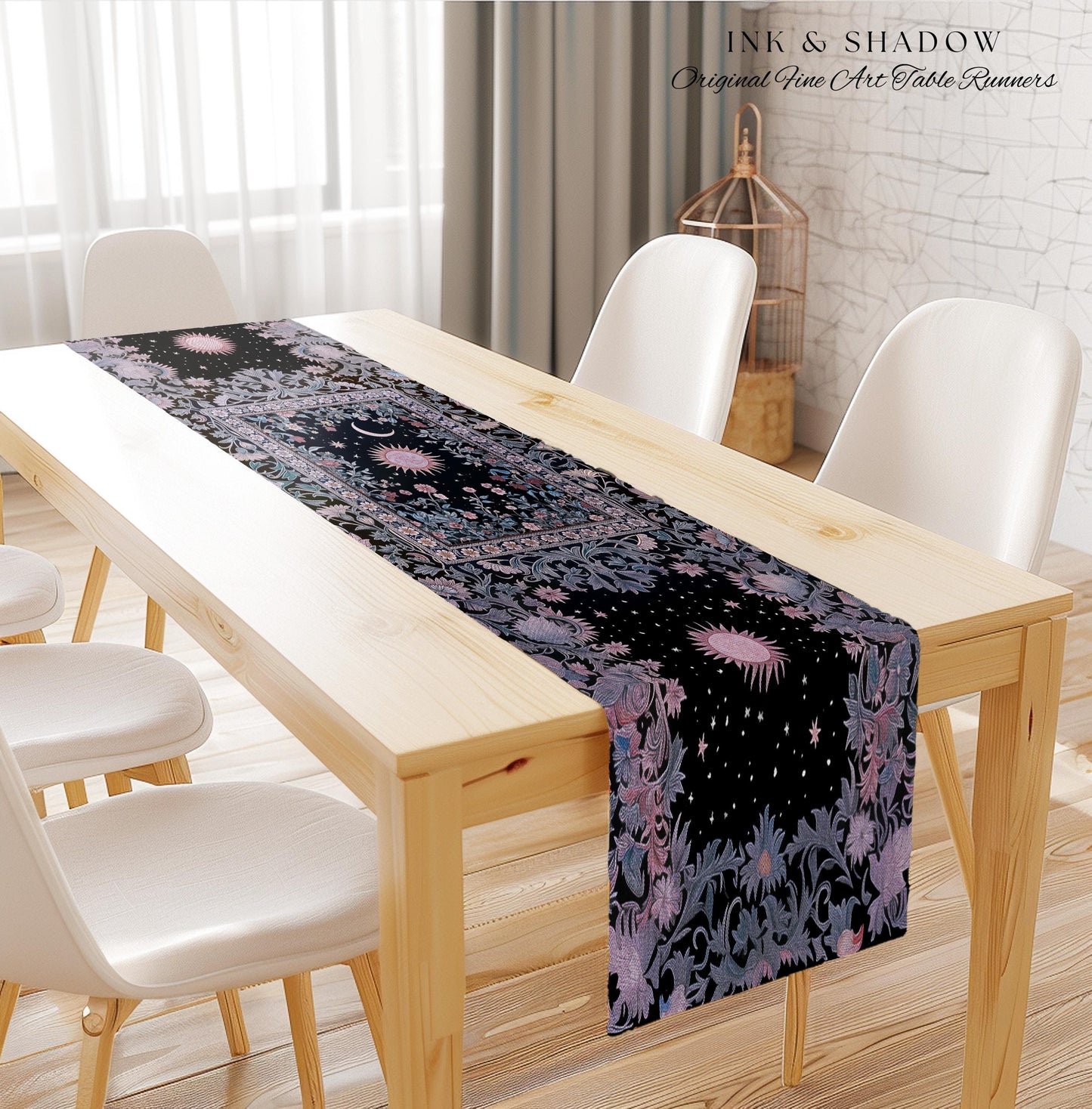 Midnight Lavender Celestial Table Runner | Witchy Pastel Tarot-Inspired Dining Room Bohemian Sun and Moon Maximalist Astrology Purple Decor