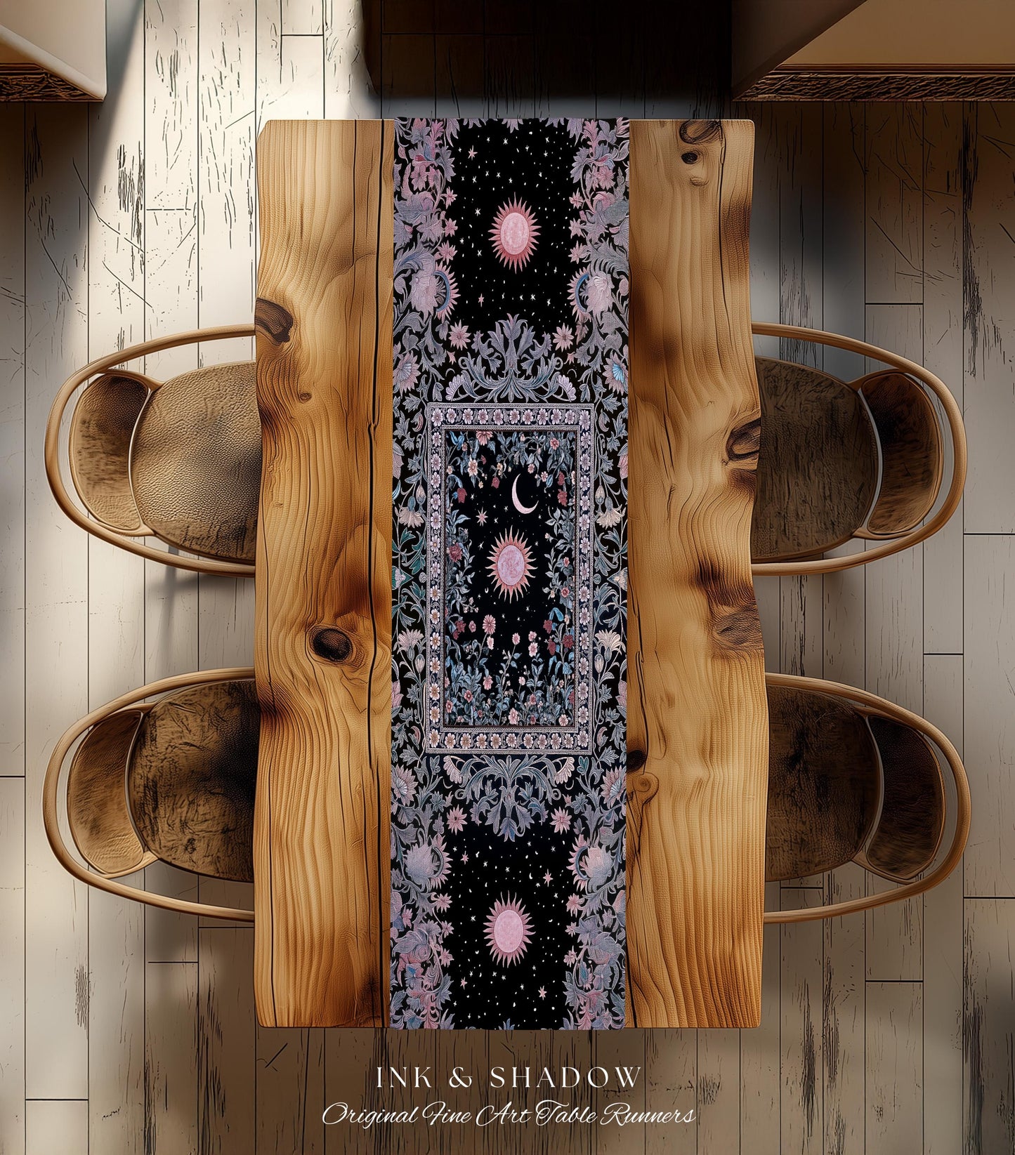 Midnight Lavender Celestial Table Runner | Witchy Pastel Tarot-Inspired Dining Room Bohemian Sun and Moon Maximalist Astrology Purple Decor