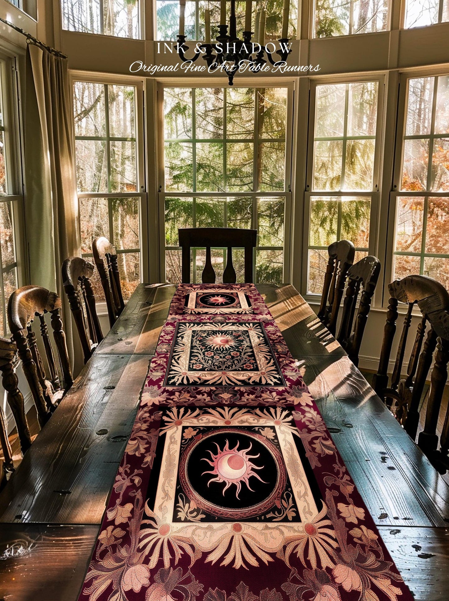 Celestial Victorian Gothic Table Runner | Dreamy Aesthetic Witchy Bohemian Magic Cosmic Astrology-Themed Maximalist Dining Room Decor Cosmic