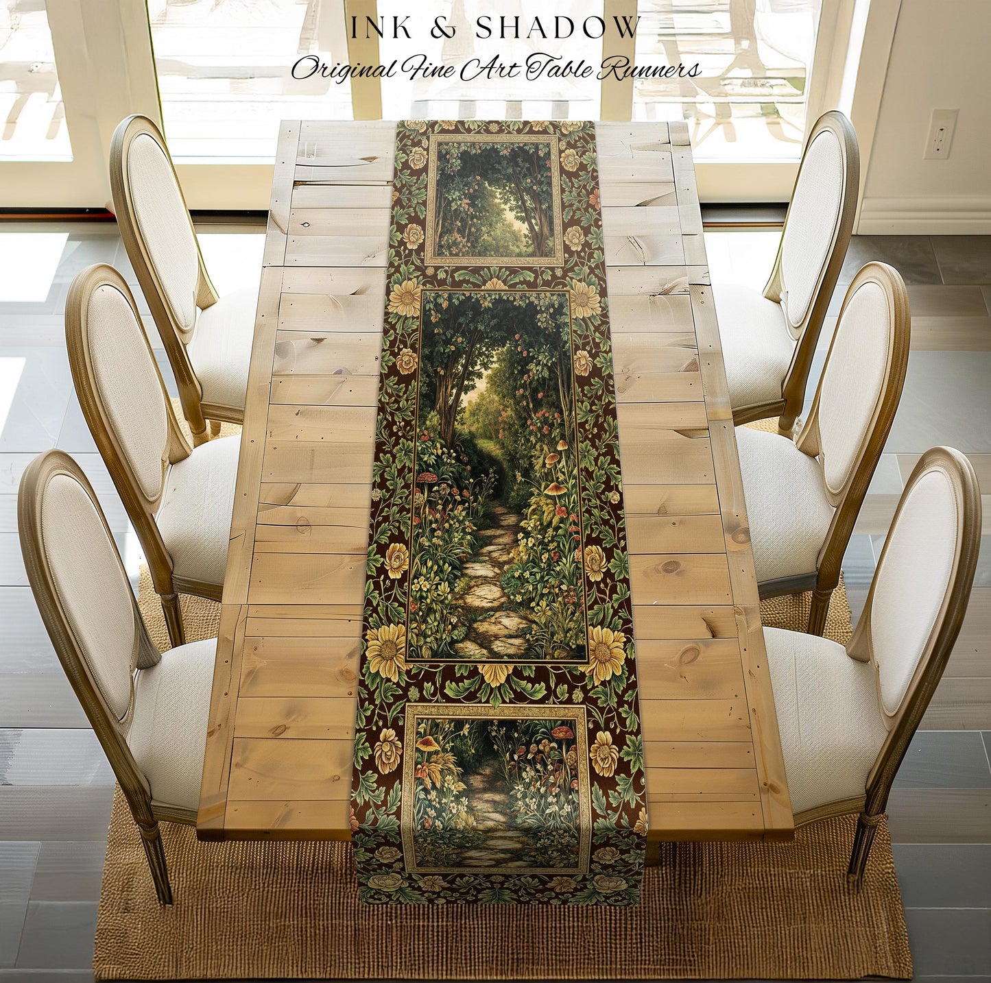 Fairy Ethereal Forest Table Runner Mystic Dark Academia Folklore Inspired, Magical Medieval Forestcore Botanical Woodland Dining Room Decor