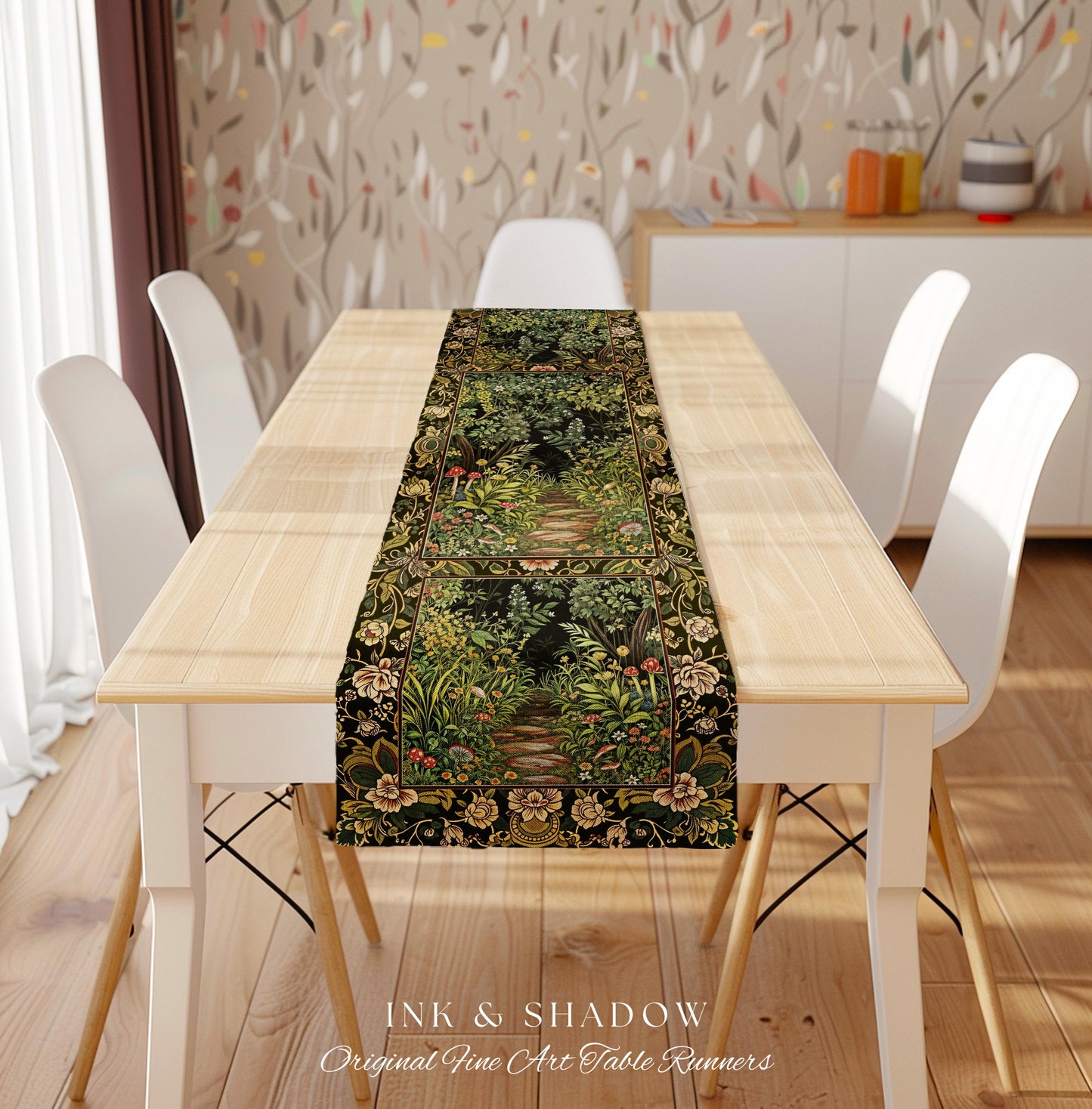 Toadstool Forest Mystical Mushroom Table Runner | Dark Academia Folklore Forest Inspired Fairycore Botanical Aesthetic Magical Medieval Boho