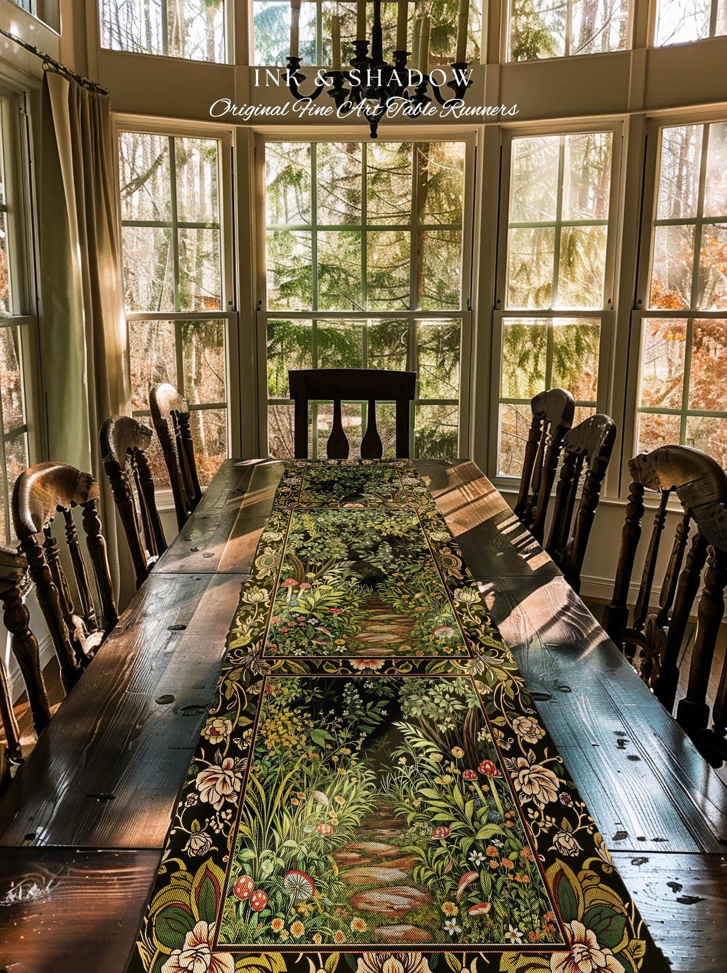 Toadstool Forest Mystical Mushroom Table Runner | Dark Academia Folklore Forest Inspired Fairycore Botanical Aesthetic Magical Medieval Boho
