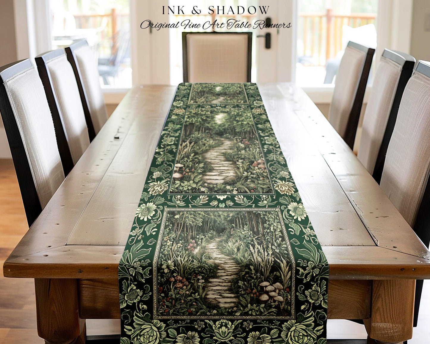 Ethereal Woodland Meadow Table Runner | Dark Academia Folklore Fairy Core Aesthetic Magical Dining Room Emerald Green Home Decor Botanical
