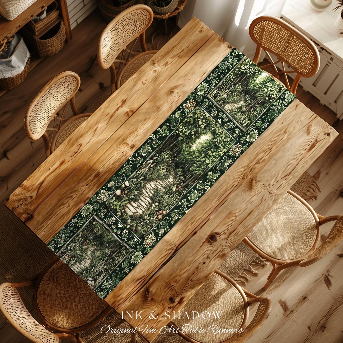 Ethereal Woodland Meadow Table Runner | Dark Academia Folklore Fairy Core Aesthetic Magical Dining Room Emerald Green Home Decor Botanical