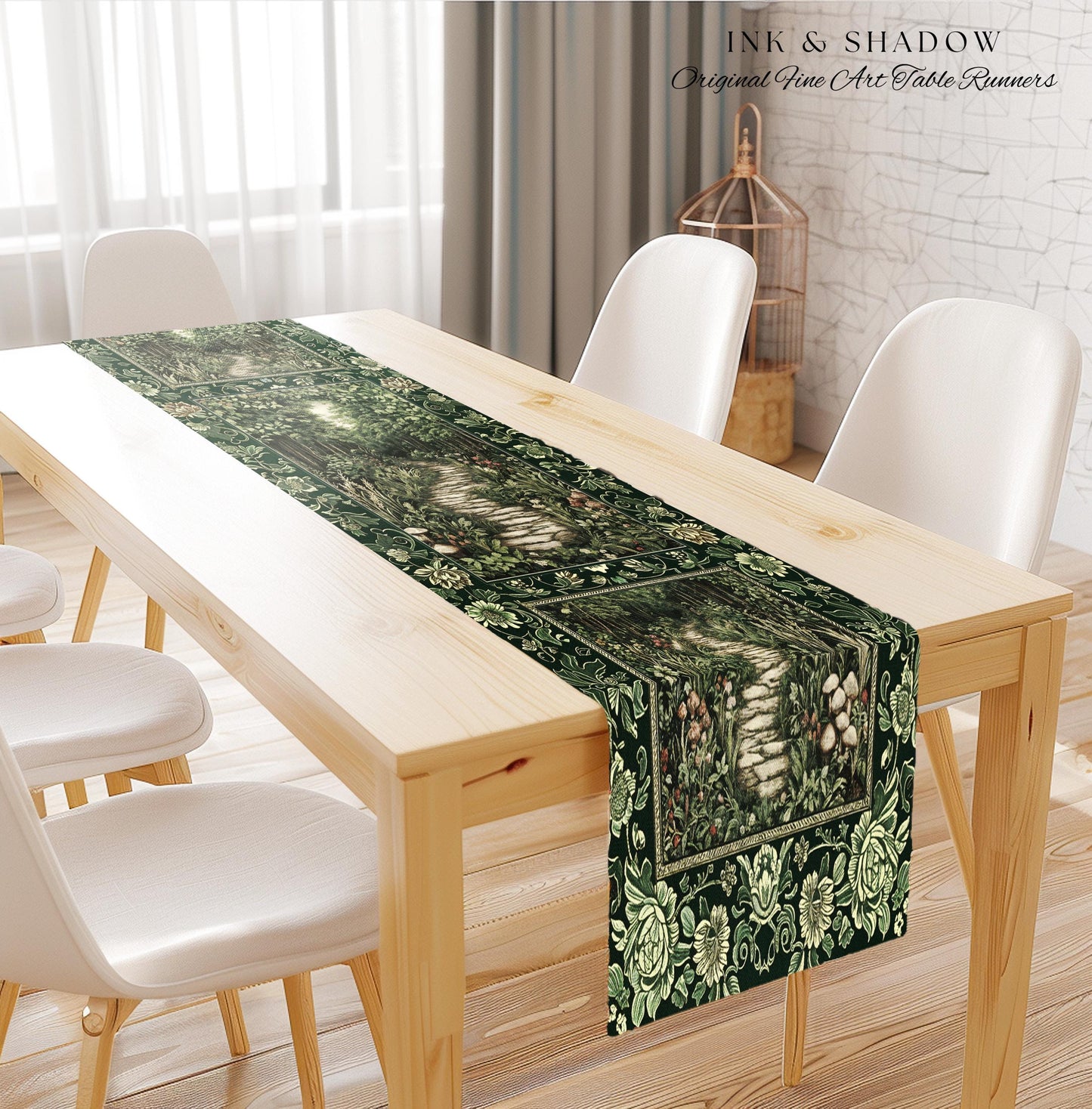 Ethereal Woodland Meadow Table Runner | Dark Academia Folklore Fairy Core Aesthetic Magical Dining Room Emerald Green Home Decor Botanical