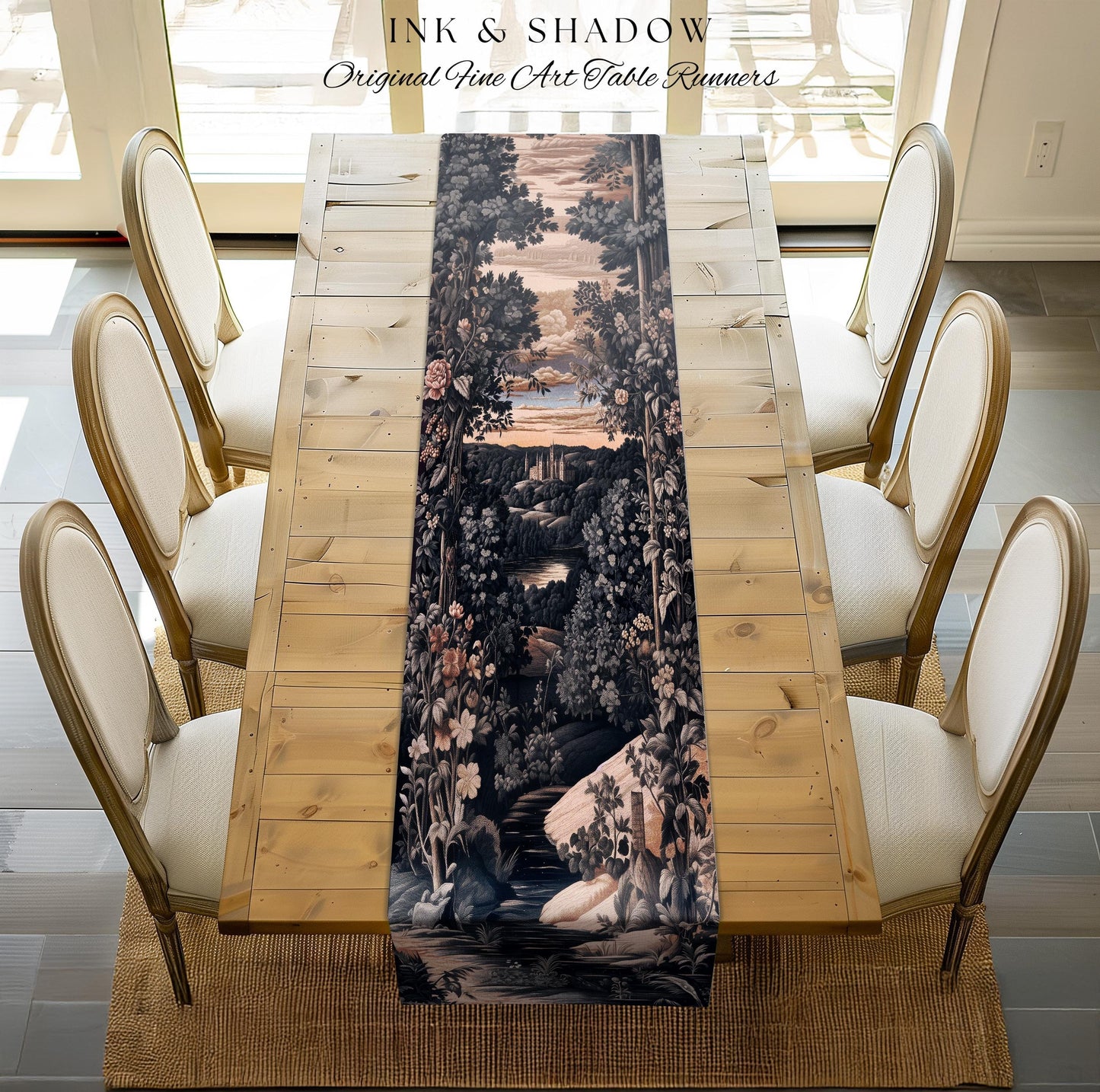 Pastel Fairy Aesthetic Table Runner | Ethereal Woodland Royalcore Rosy Dining Room Botanical Landscape Medieval Princess Rustic Housewarming