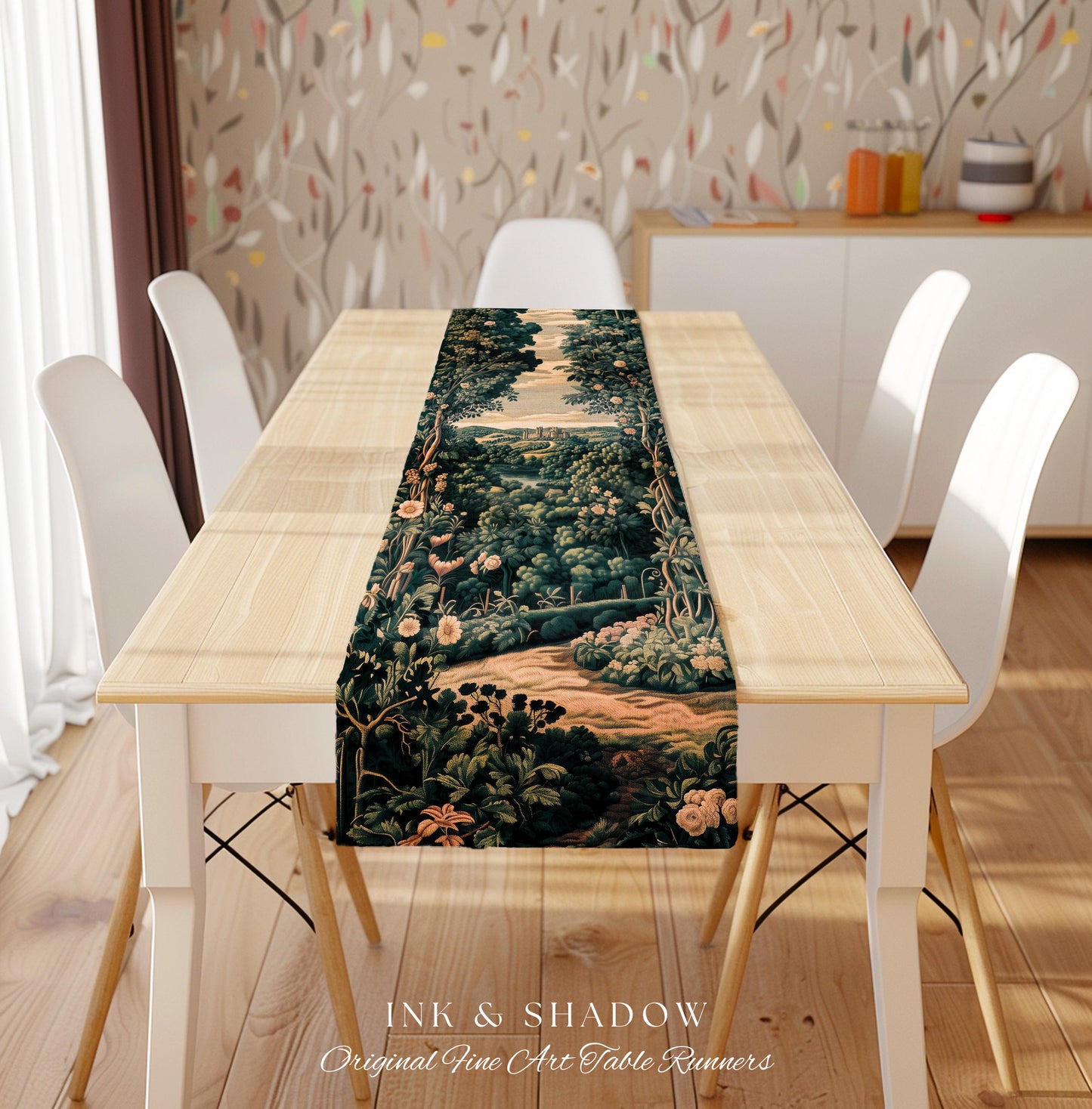 Rosy Forestcore Table Runner | Woodland Castle Dreamy Ethereal Dining Room Aesthetic Princess Housewarming Gift Woodland Medieval Botanical