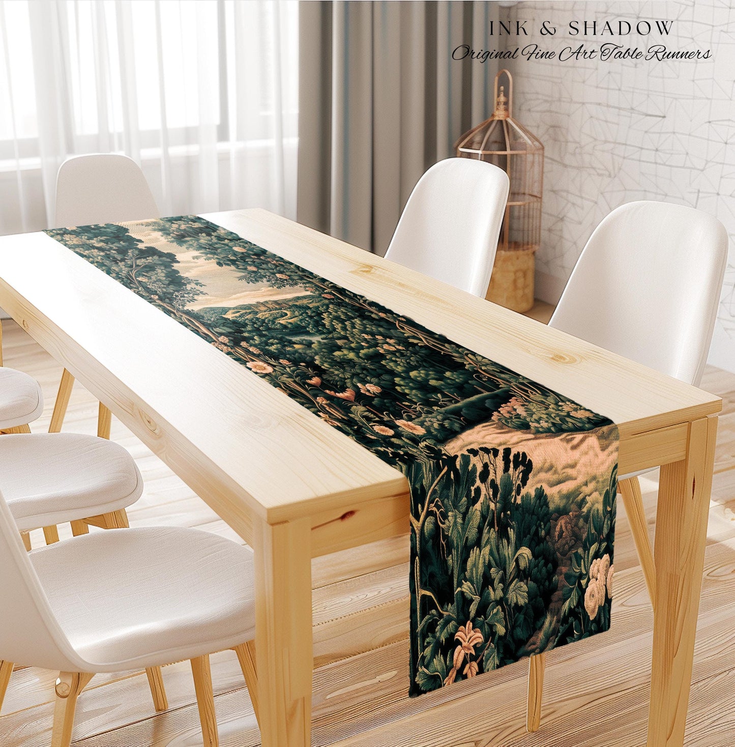 Rosy Forestcore Table Runner | Woodland Castle Dreamy Ethereal Dining Room Aesthetic Princess Housewarming Gift Woodland Medieval Botanical
