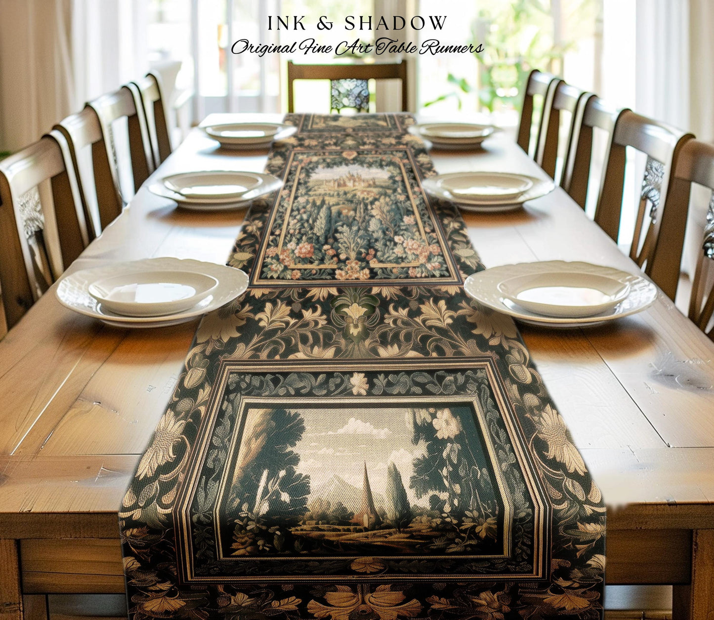 Dark Academia Victorian Royal Table Runner | Fantasy Dining Room Boho Woodland Princess Medieval Rustic Floral Landscape Coquette Maximalist