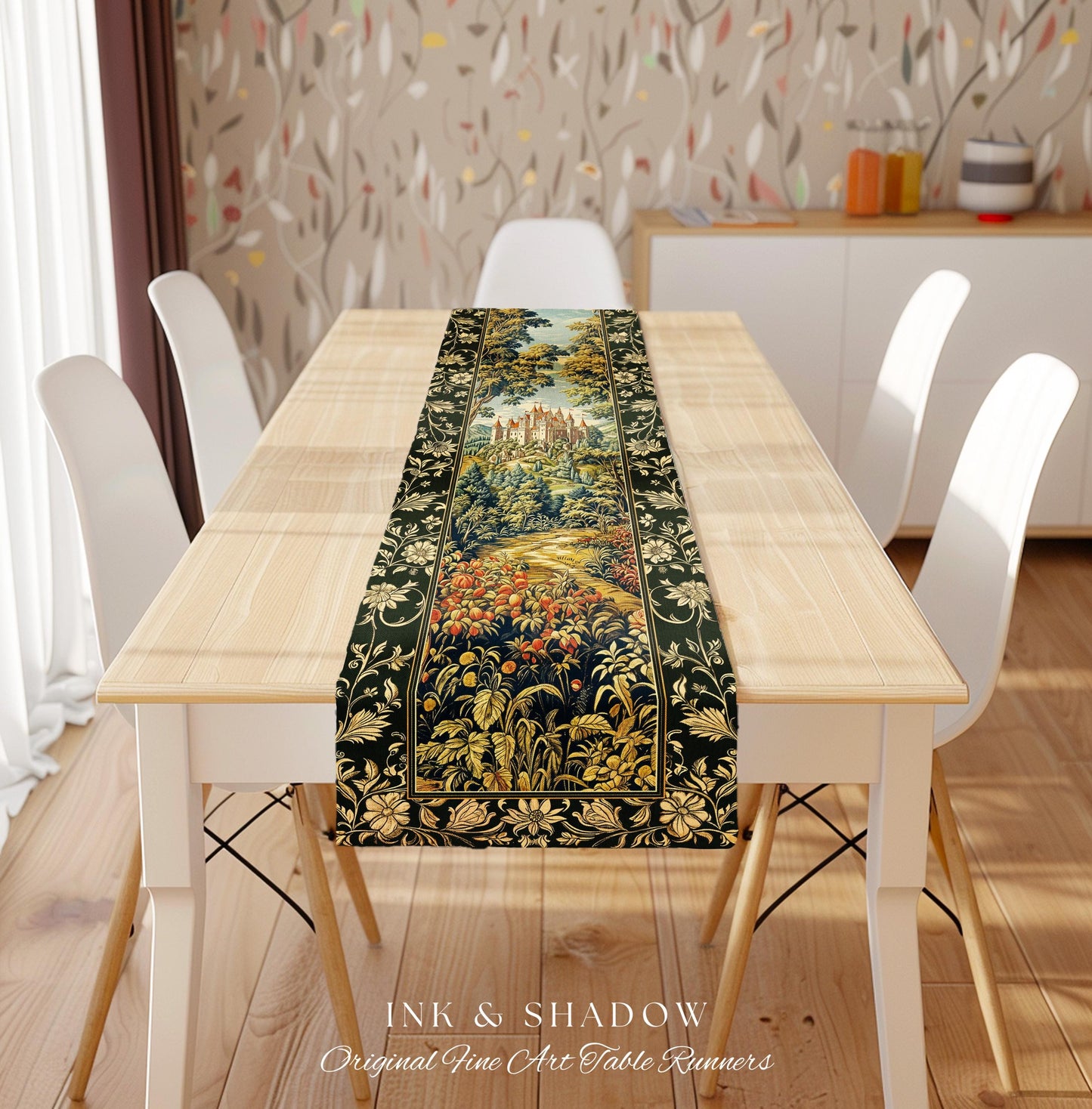 Mystic Castle Book Nook Table Runner Ethereal Fairycore Folklore Aesthetic | Magical Woodland Botanical Linens Dark Academia Indie Decor |
