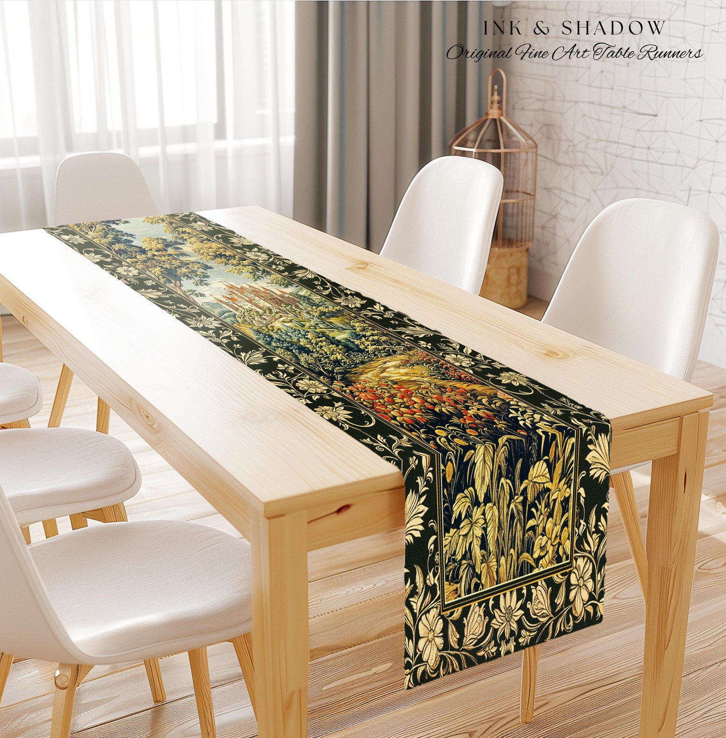Mystic Castle Book Nook Table Runner Ethereal Fairycore Folklore Aesthetic | Magical Woodland Botanical Linens Dark Academia Indie Decor |