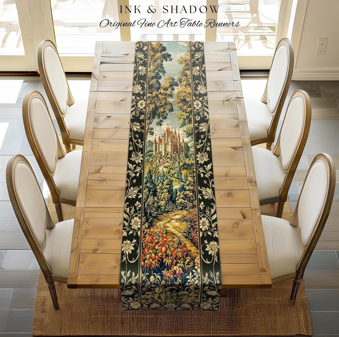 Mystic Castle Book Nook Table Runner Ethereal Fairycore Folklore Aesthetic | Magical Woodland Botanical Linens Dark Academia Indie Decor |