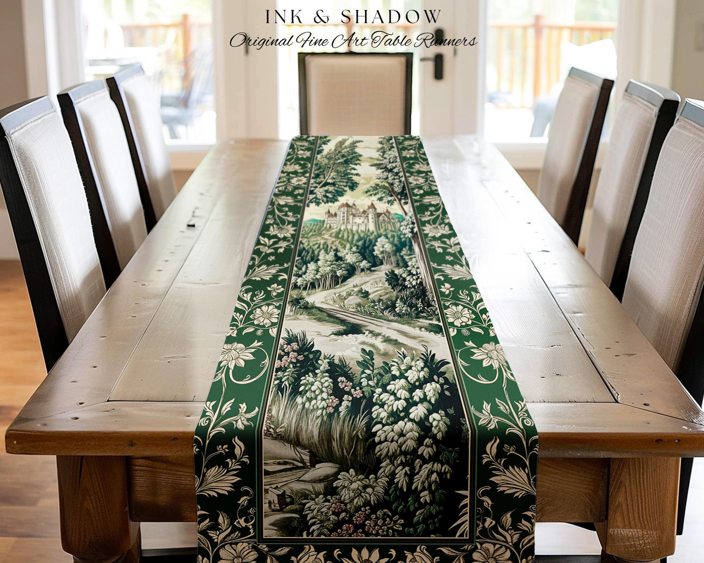 Medieval Castle Woodland Forest Table Runner Forestcore Dark Academia Fairytale Decor | Fairycore Magical Emerald Green Landscape Botanical