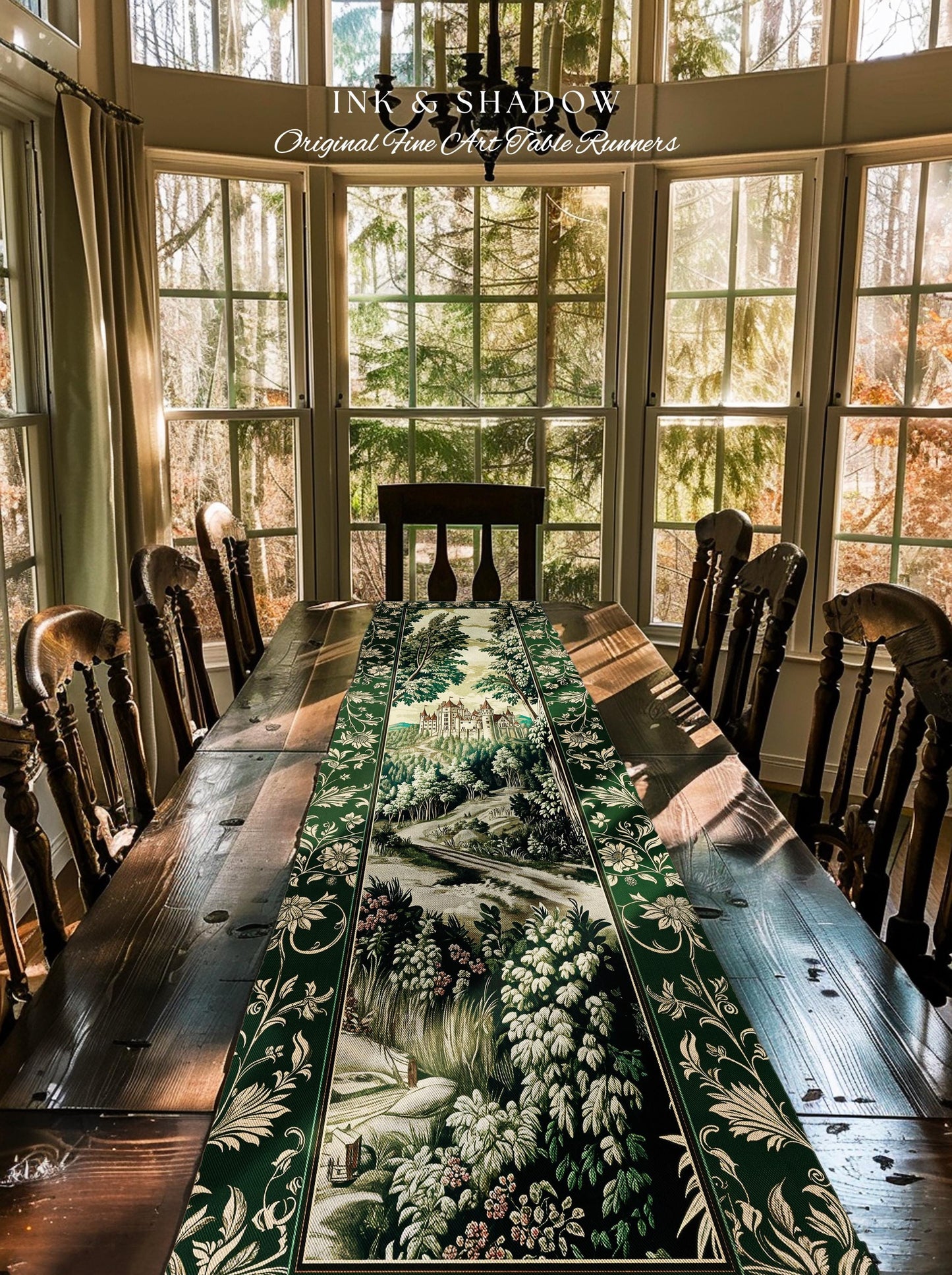 Medieval Castle Woodland Forest Table Runner Forestcore Dark Academia Fairytale Decor | Fairycore Magical Emerald Green Landscape Botanical