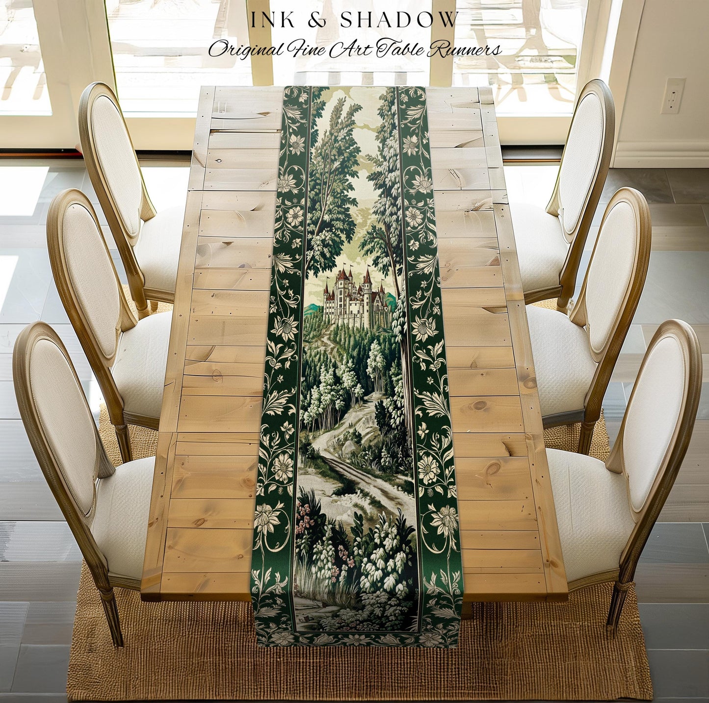 Medieval Castle Woodland Forest Table Runner Forestcore Dark Academia Fairytale Decor | Fairycore Magical Emerald Green Landscape Botanical