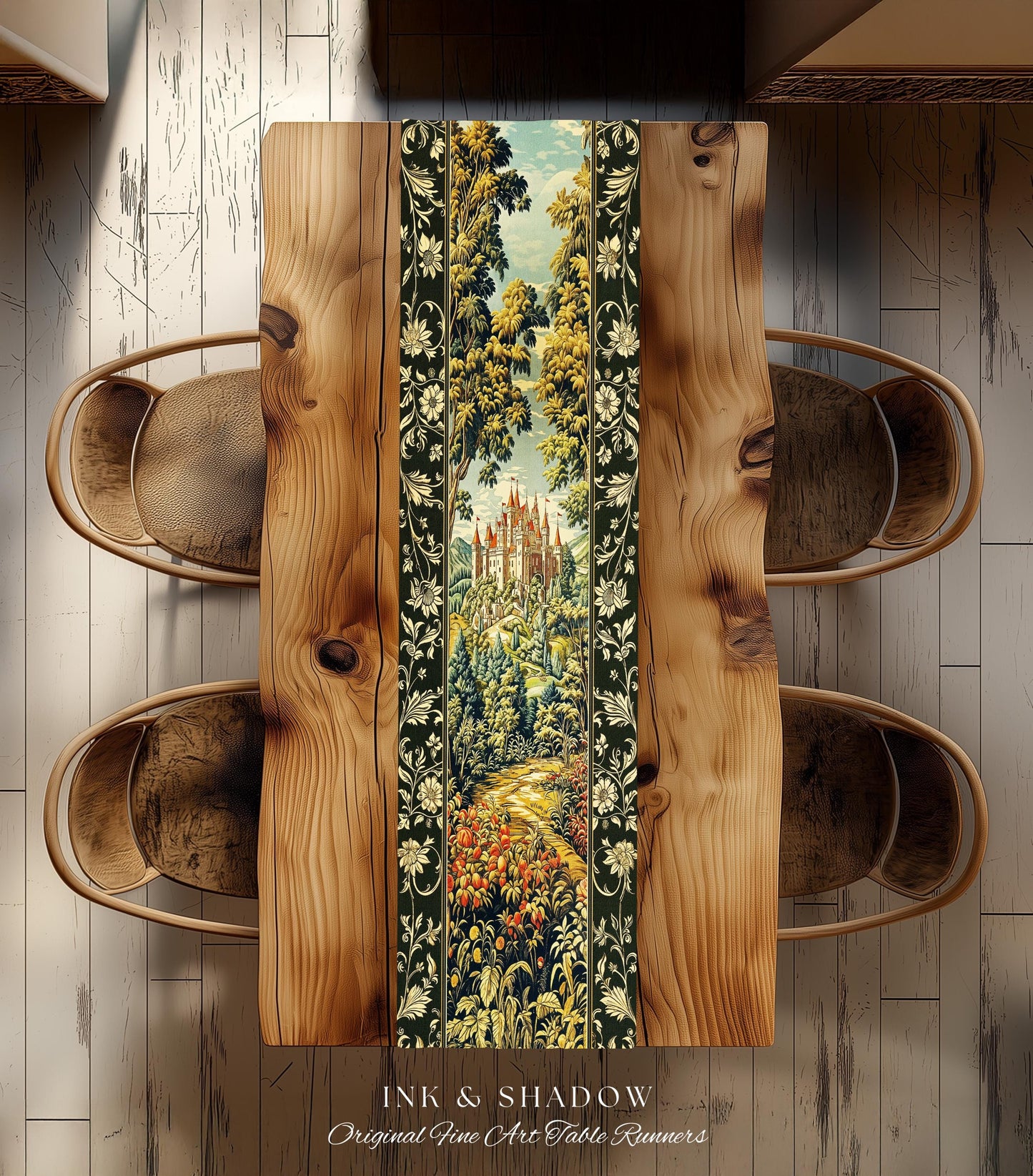 Mystic Castle Book Nook Table Runner Ethereal Fairycore Folklore Aesthetic | Magical Woodland Botanical Linens Dark Academia Indie Decor |