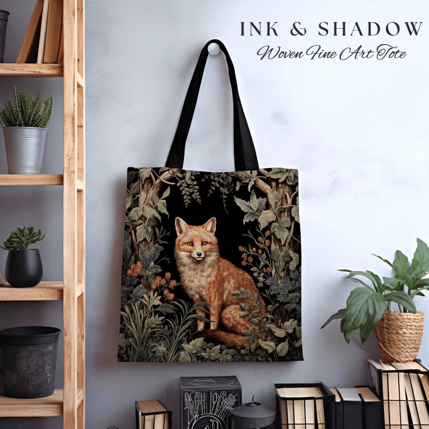 Fox Woodland Gothic Tote | Dark Academia William Morris Inspired Shoulderbag Aesthetic Medieval Woven Tapestry Bag Botanical Forest Spirit