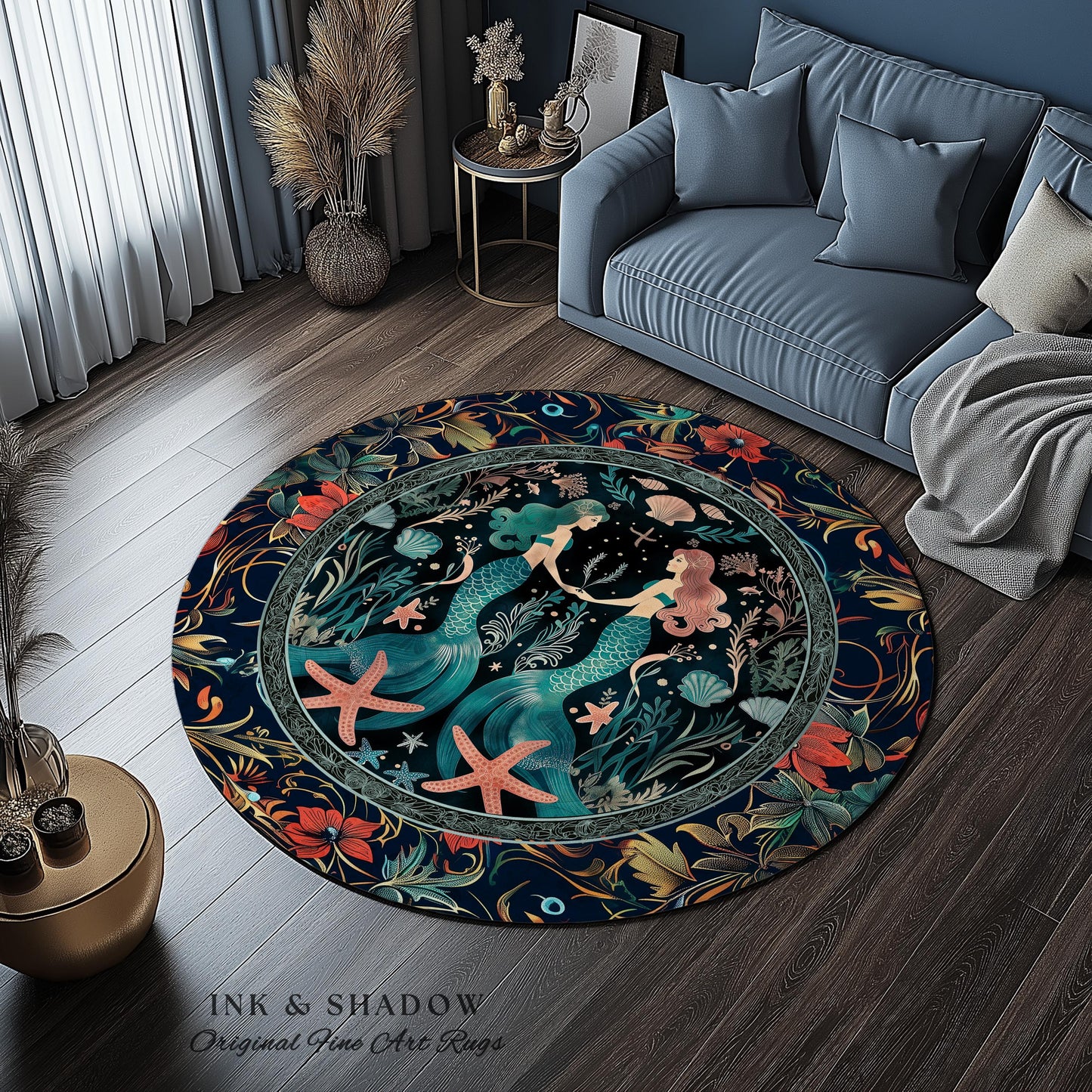Ethereal Art Nouveau Sea Nymph Rug Whimsical Dark Academia Coastal Decor | Mystical Mermaid Cottagecore Enchanted Ocean Vintage Folklore Rug