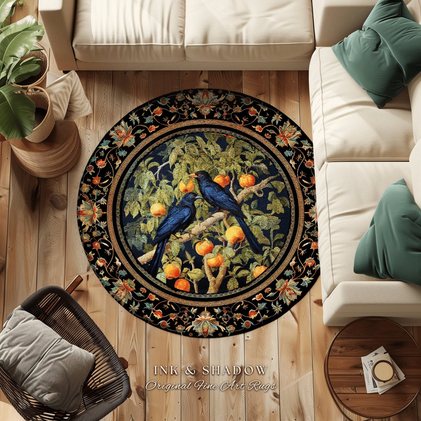 May include: A round rug with a black background and a circular design featuring a tree with blue birds and orange fruit. The rug has a border with floral designs in shades of blue, green, and gold. The text 'INK & SHADOW Original Fine Art Rugs' is displayed below the rug.