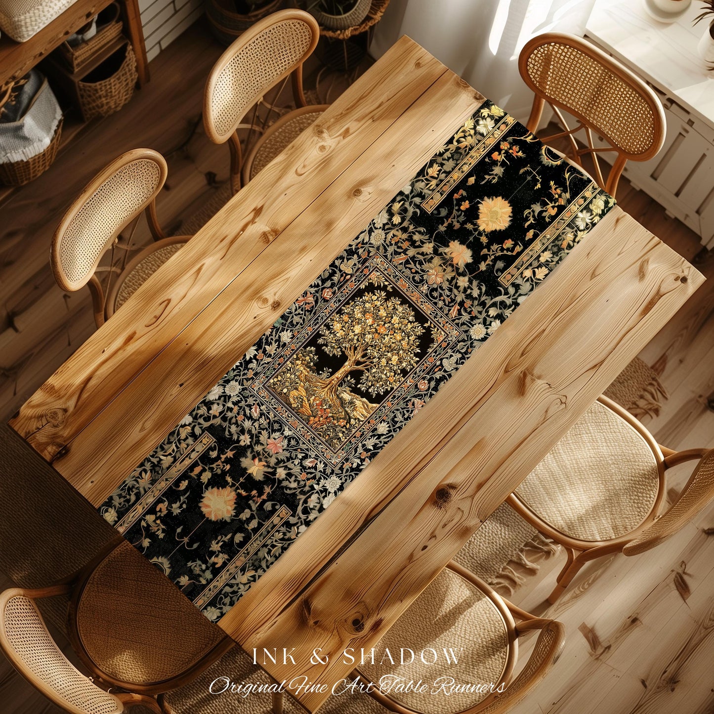 Muted Tones Eclectic Tree of Life Table Runner | Rustic Bohemian Aesthetic Decor Nature Inspired Dining Room Enchanted Cottagecore Fairycore