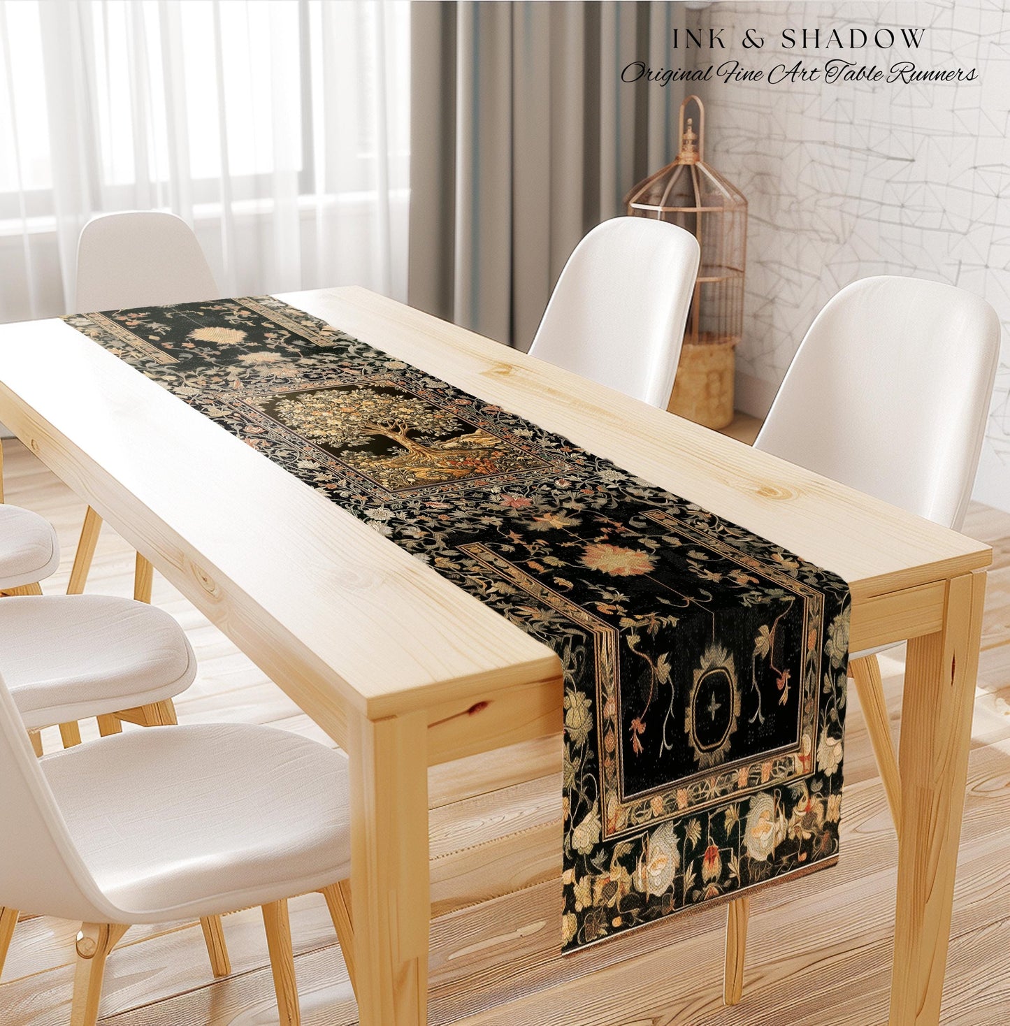 Muted Tones Eclectic Tree of Life Table Runner | Rustic Bohemian Aesthetic Decor Nature Inspired Dining Room Enchanted Cottagecore Fairycore