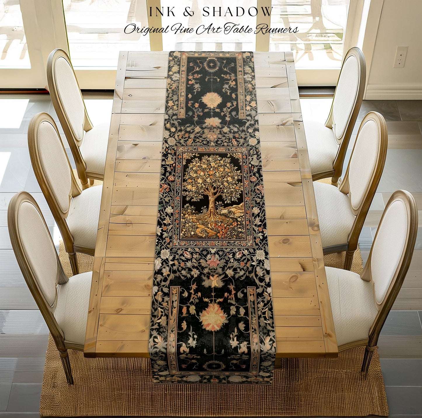 Muted Tones Eclectic Tree of Life Table Runner | Rustic Bohemian Aesthetic Decor Nature Inspired Dining Room Enchanted Cottagecore Fairycore