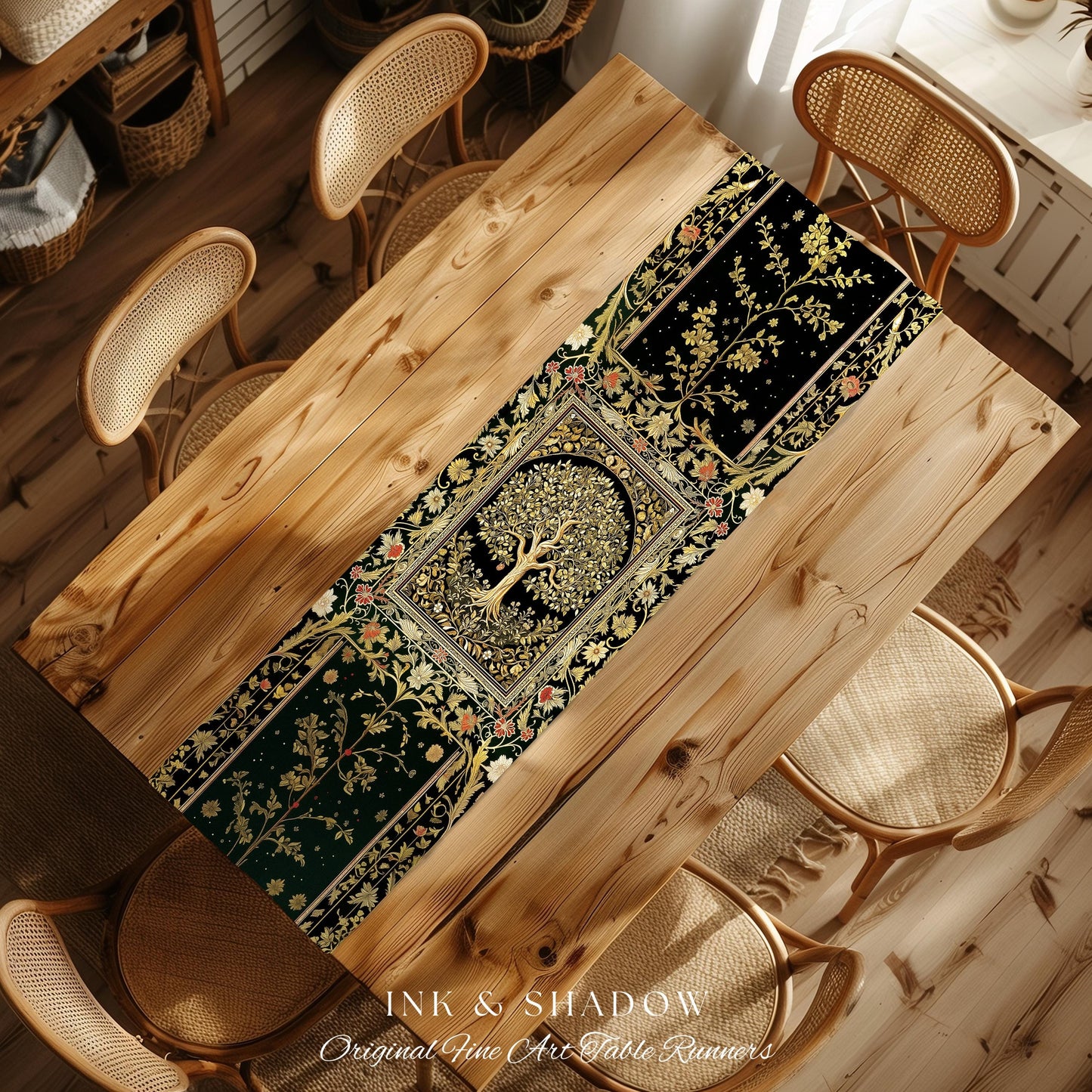 Tree of Life Fairytale Inspired Table Runner | Celestial Folk Art Decor Cottagecore Folklore Style Aesthetic Housewarming Gift Dining Room |