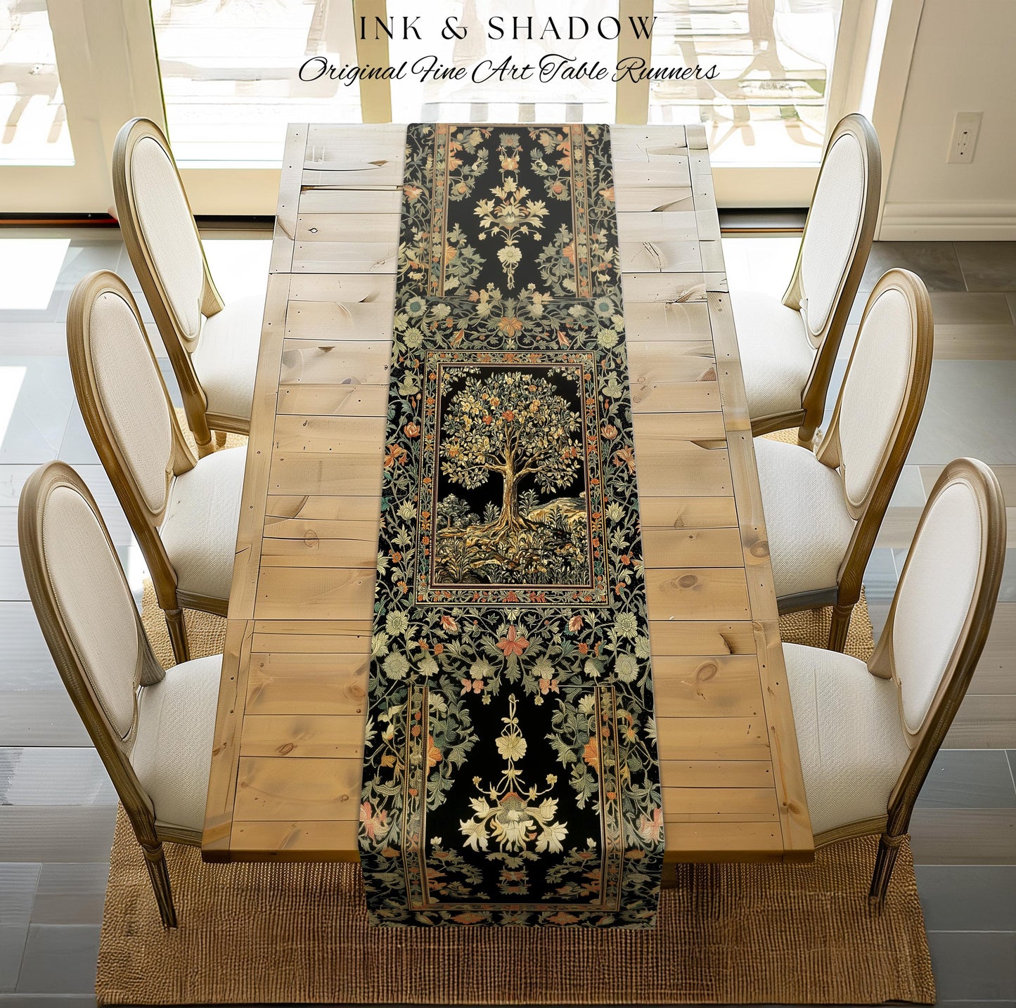 Regal Woodland Tree Table Runner | Floral Heritage Decor Parisian Style Gothic Cottagecore Aesthetic Traditional Dining Room Chateaucore |