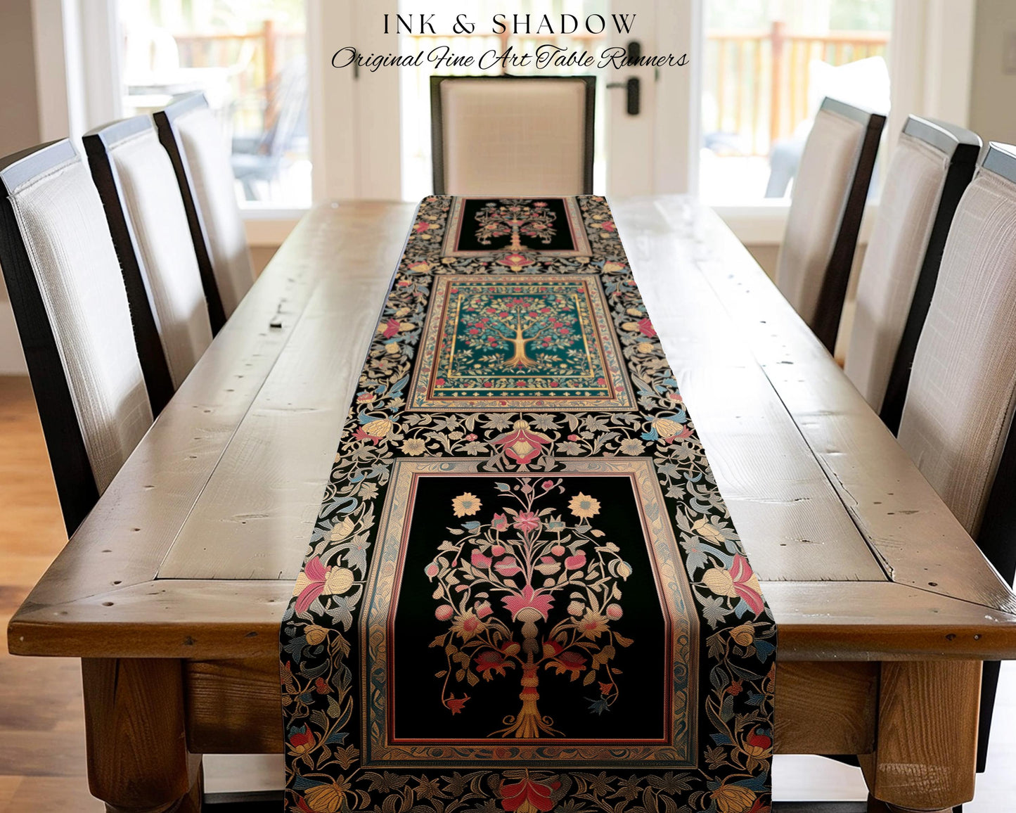 Blooming Roses Romantic Rococo Table Runner | Vintage Botanical Accent Ornate Border Victorian Folk Art Medieval Maximalist Dining Room Art