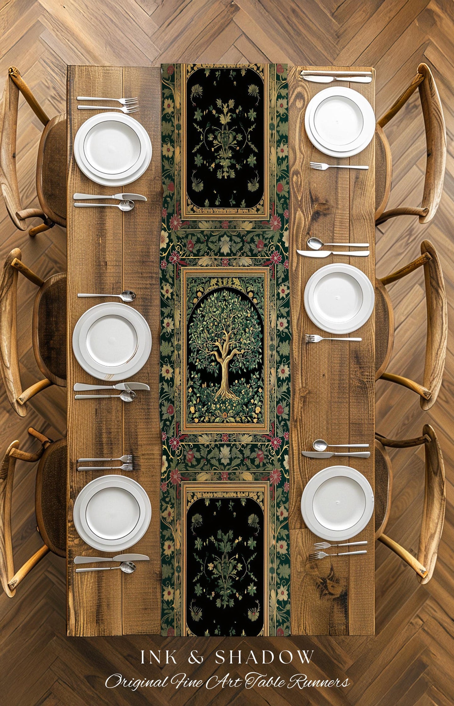 Forest Green Heritage Tree Table Runner | Lush Botanical Dining Room Crimson Floral Border Vintage Cottagecore Maximalist Medieval Aesthetic