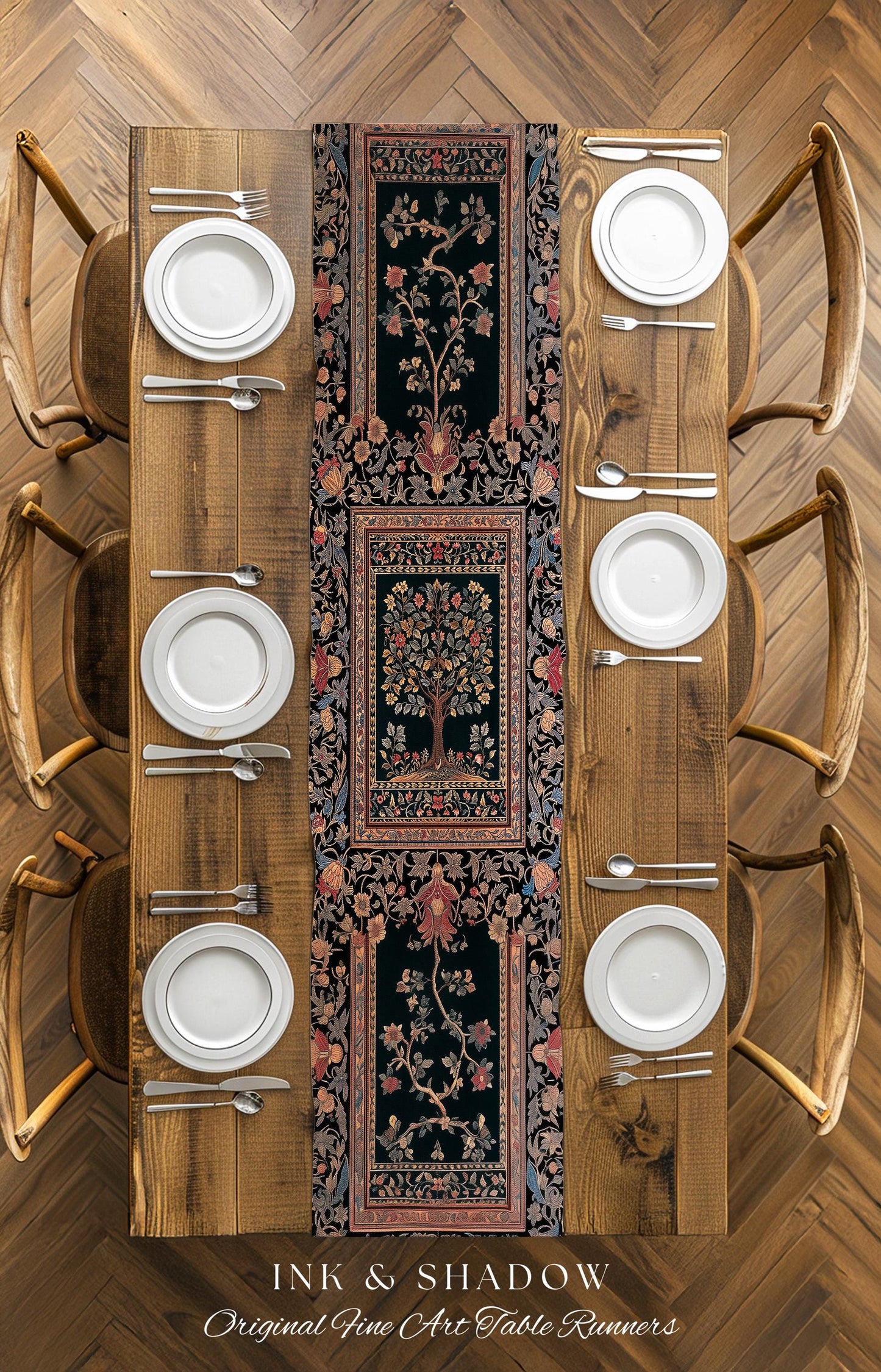 Victorian Folk Art Tree Table Runner | Floral Morris Inspired Dining Room Red Rose Ornate Rococo Classical Medieval Garden Design Maximalist