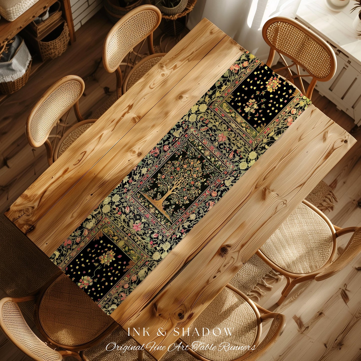 Art Nouveau Maximalist Tree Table Runner | Ornate Botanical Accent Tree of Life Motif Medieval Floral Pattern Romantic Style Morris Inspired