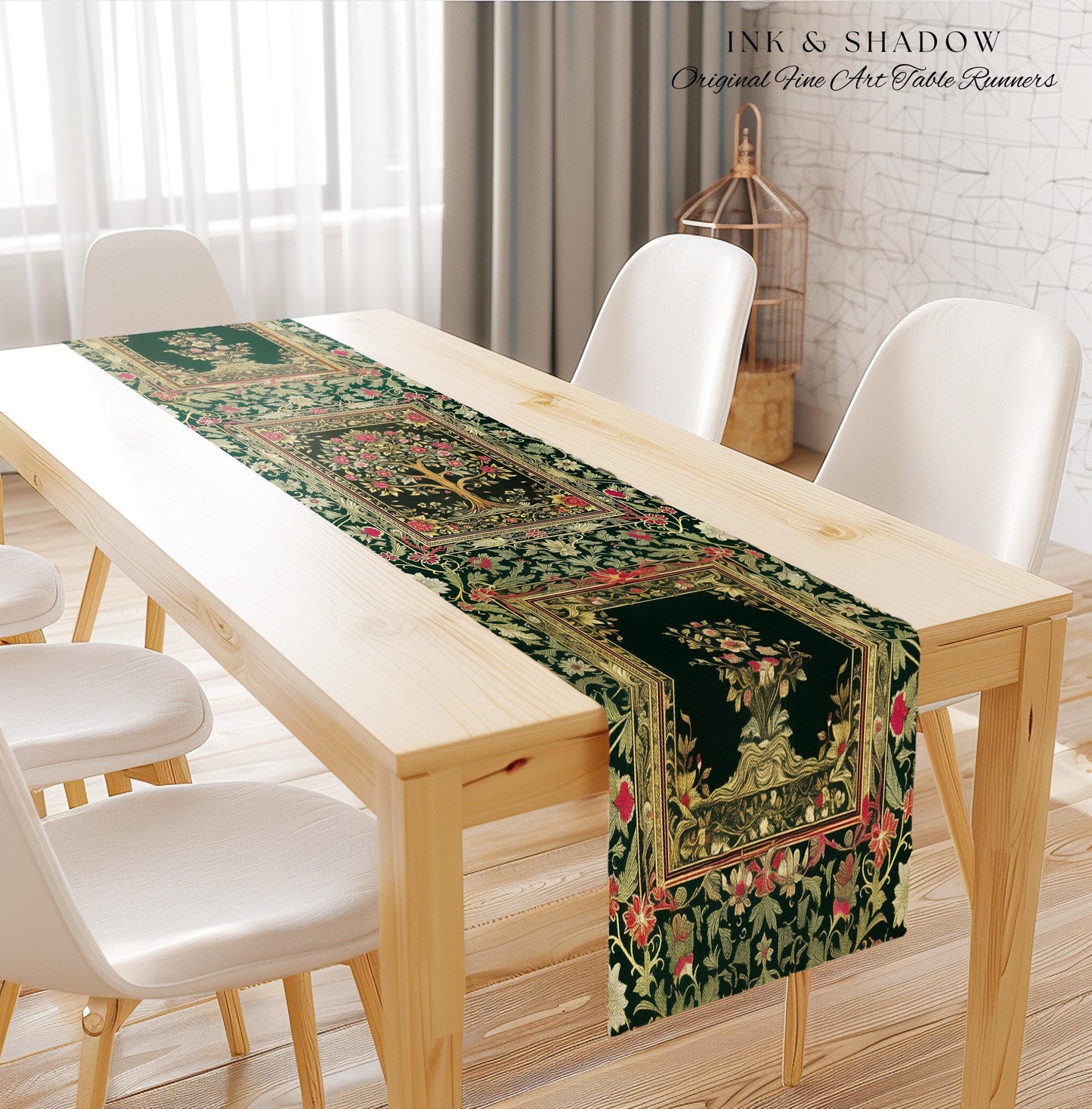 Rosy Botanical Rustic Tree Table Runner | Woodland Cottagecore Folklore Aesthetic Romantic Vintage Fairycore Dining Room Soft Aesthetic Art