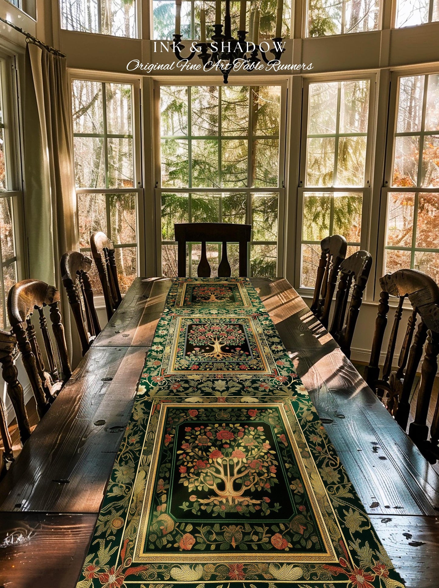 Floral Victorian Garden Tree Table Runner | Baroque Floral Design Folk Art Inspired Medieval Botanical Dining Romantic Rococo Cottagecore |