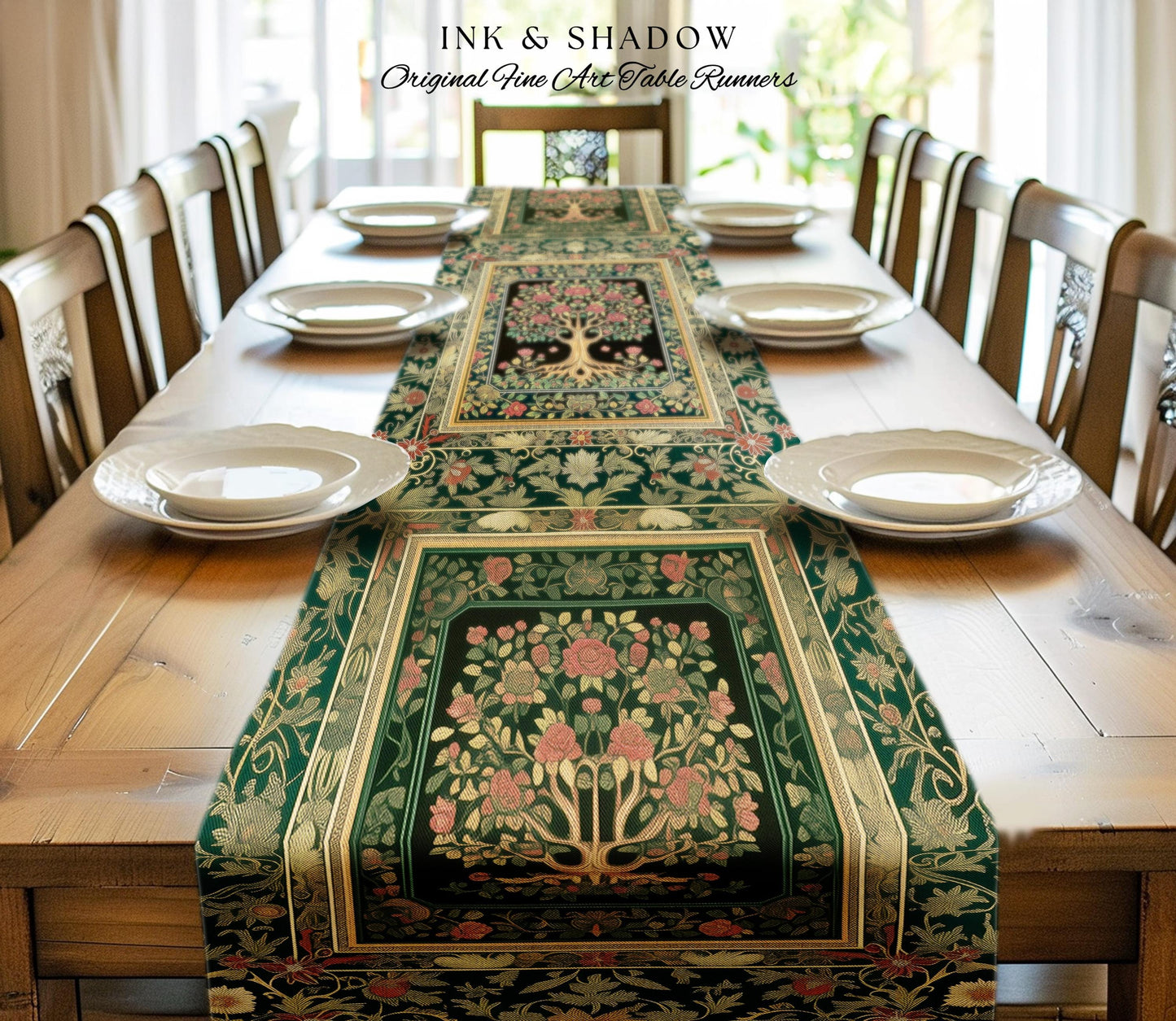 Floral Victorian Garden Tree Table Runner | Baroque Floral Design Folk Art Inspired Medieval Botanical Dining Romantic Rococo Cottagecore |