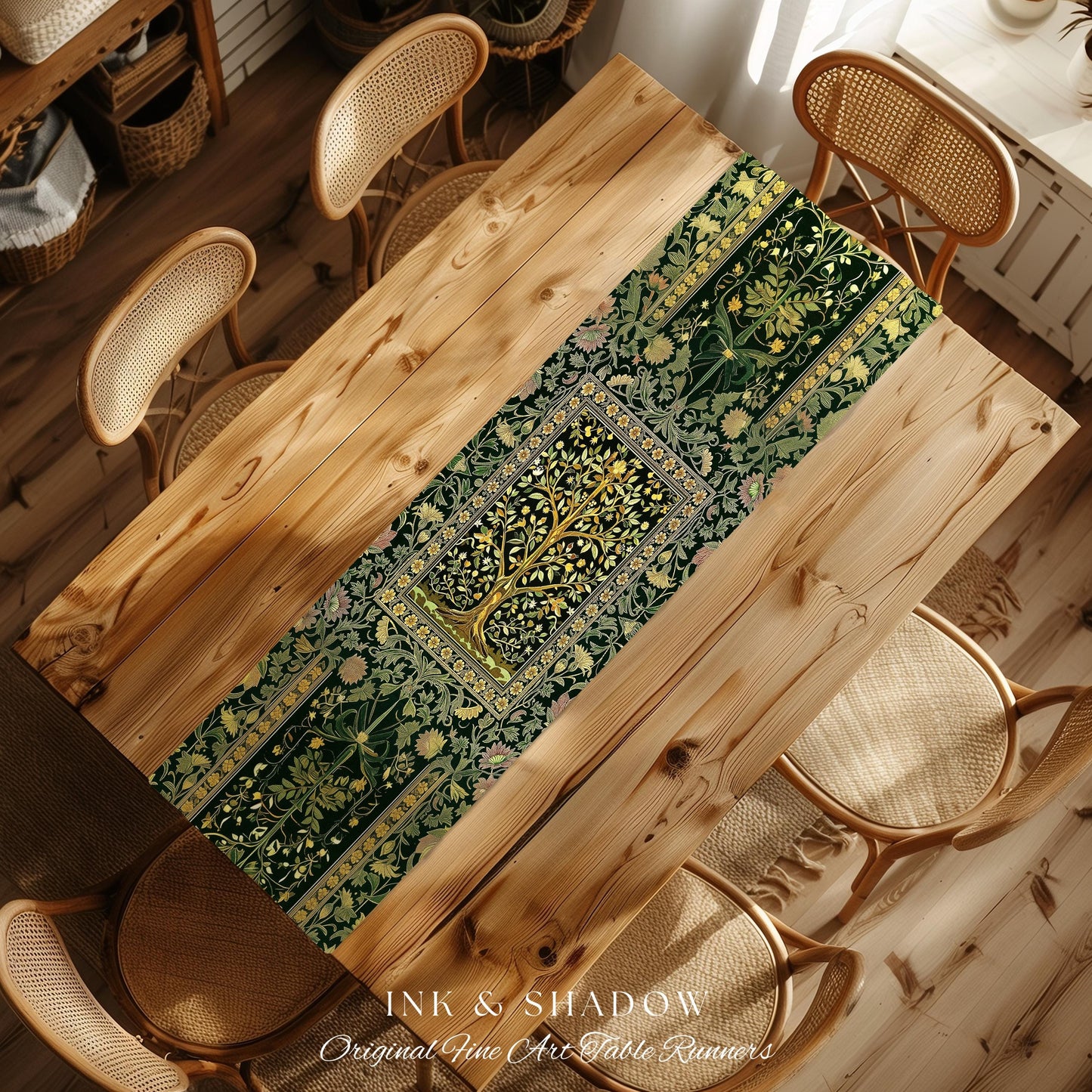 Golden Aesthetic Tree of Life Table Runner | Emerald Botanical Decor Romantic Folklore Gothic Vintage Floral Maximalist Dining Room Accent |
