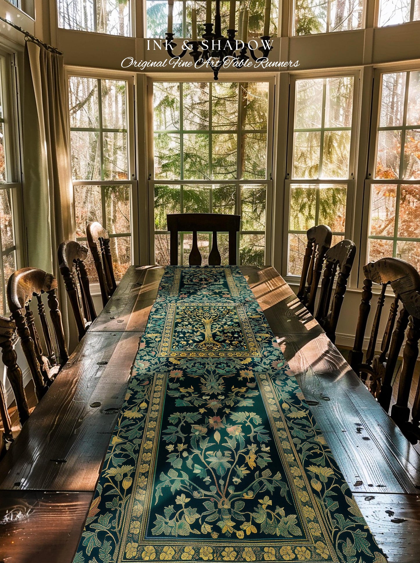 Elegant Cool Toned Tree Table Runner | Enchanted Bohemian Decor Ornate Botanical Accent Romantic Maximalist Gothic Style Dining Room Boho |