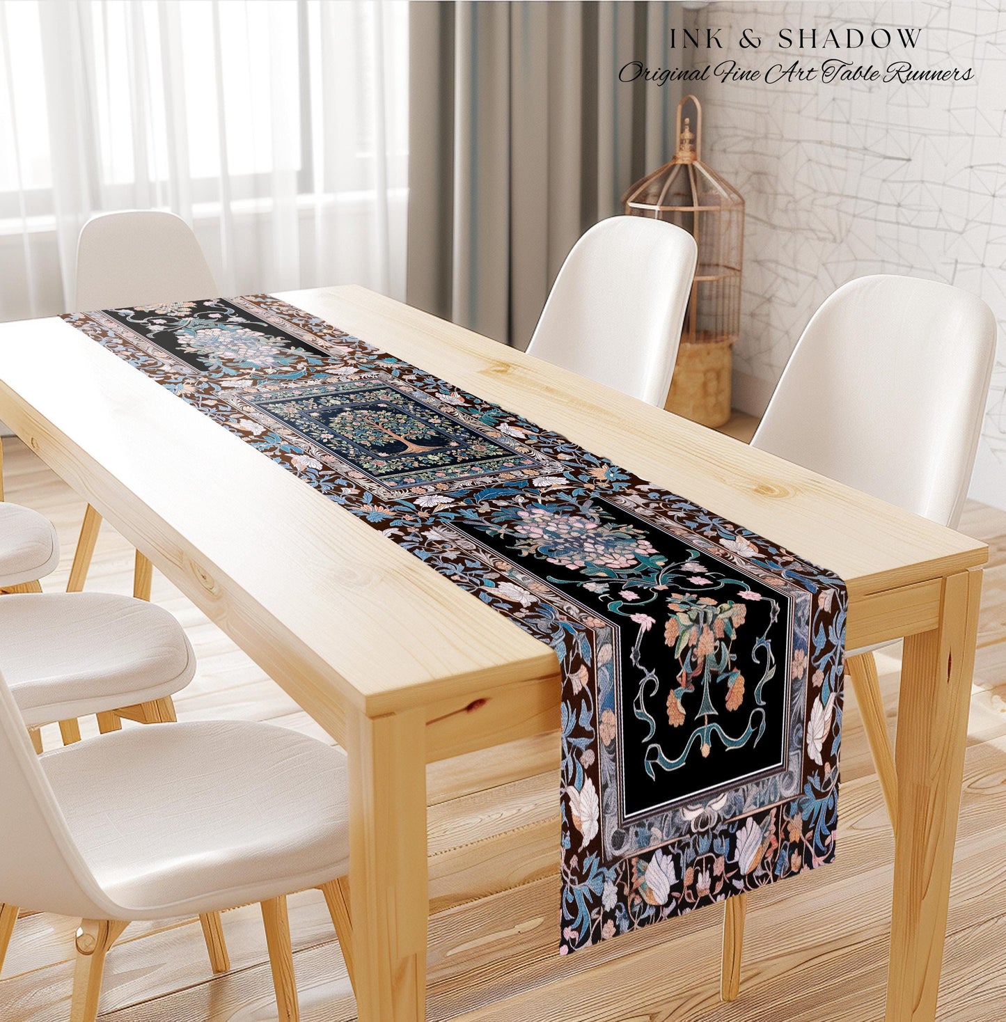 Ornate Grove Tree of Life Table Runner | Lush Floral Detailing Heirloom Pastel Baroque Nature Theme Cottagecore Dining Room Decor Accent |