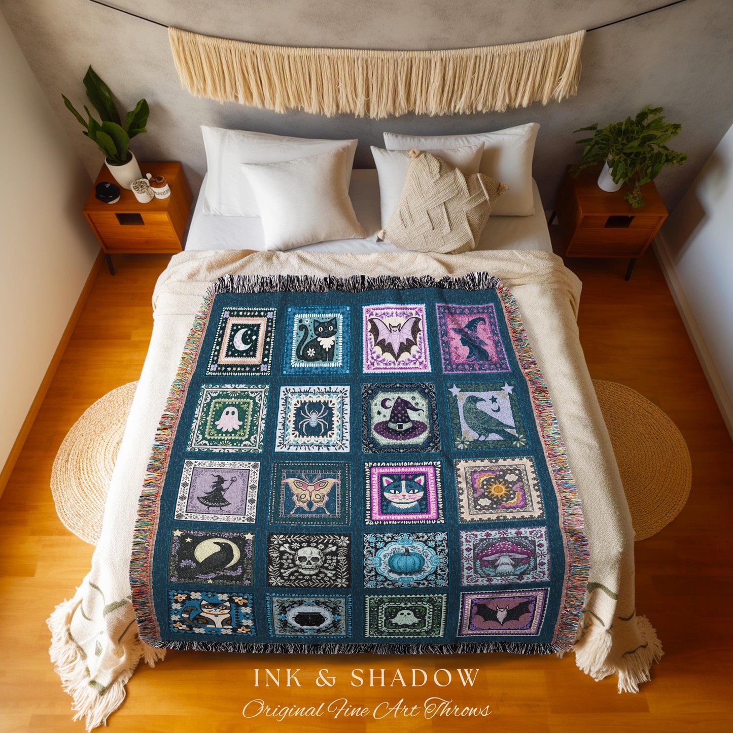 Celestial Blue Halloween Magic Blanket | Whimsical Witchcore Woven Throw Cozy Boho Fairycore Decor Spooky Season Bedroom Tapestry Cute Goth