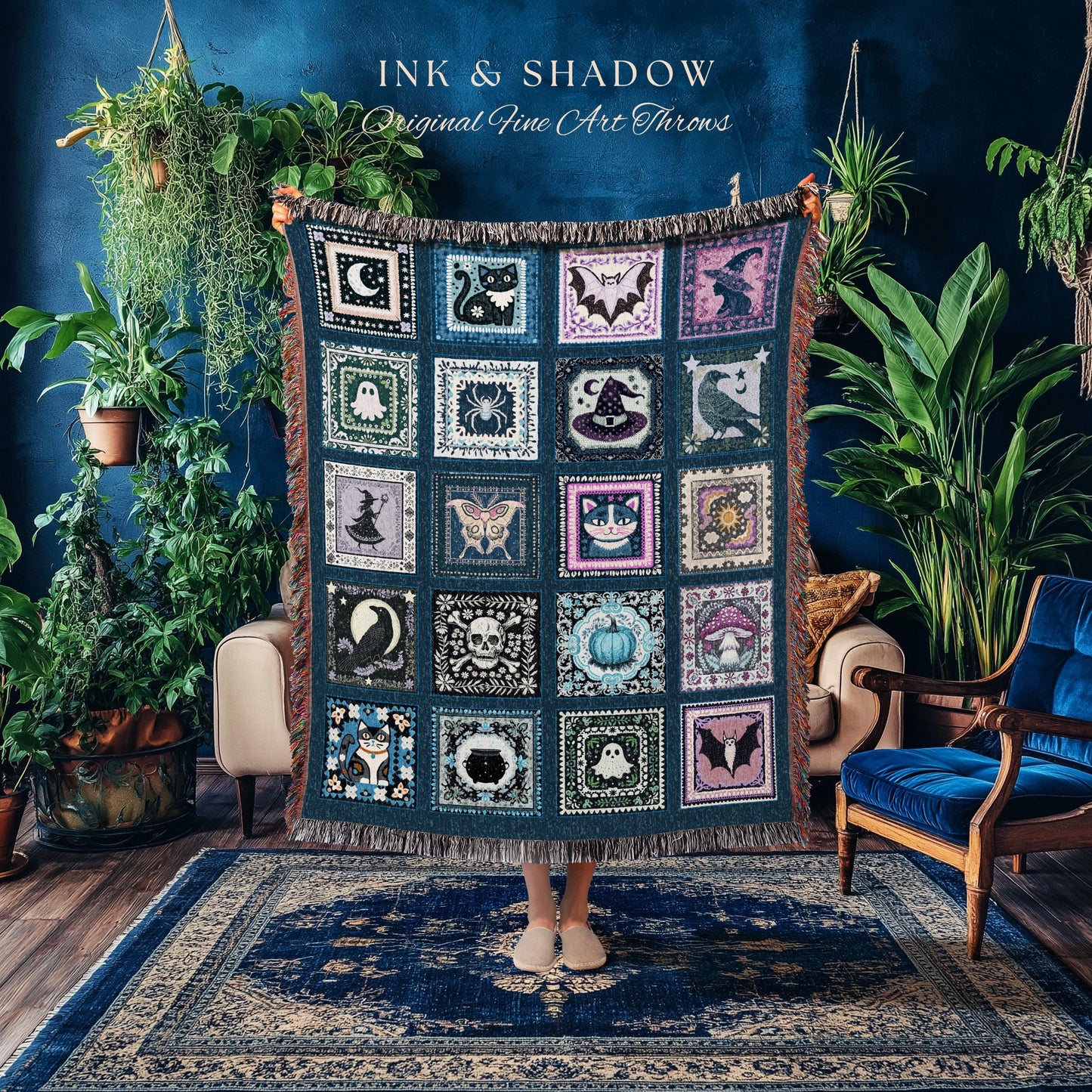 Celestial Blue Halloween Magic Blanket | Whimsical Witchcore Woven Throw Cozy Boho Fairycore Decor Spooky Season Bedroom Tapestry Cute Goth