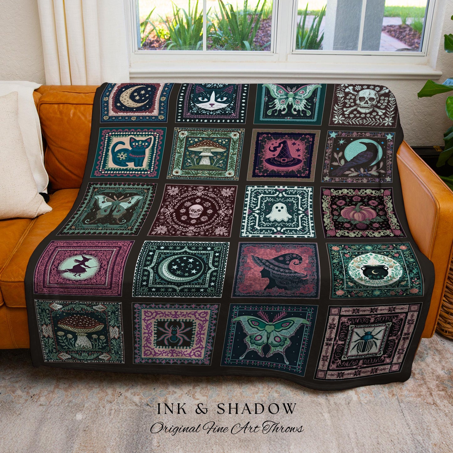 Mystic Maximalist Dark Gothic Throw Blanket | Whimsical Woven Tapestry Spooky Halloween Dark Academia Grunge Fairycore Cute Witch Aesthetic