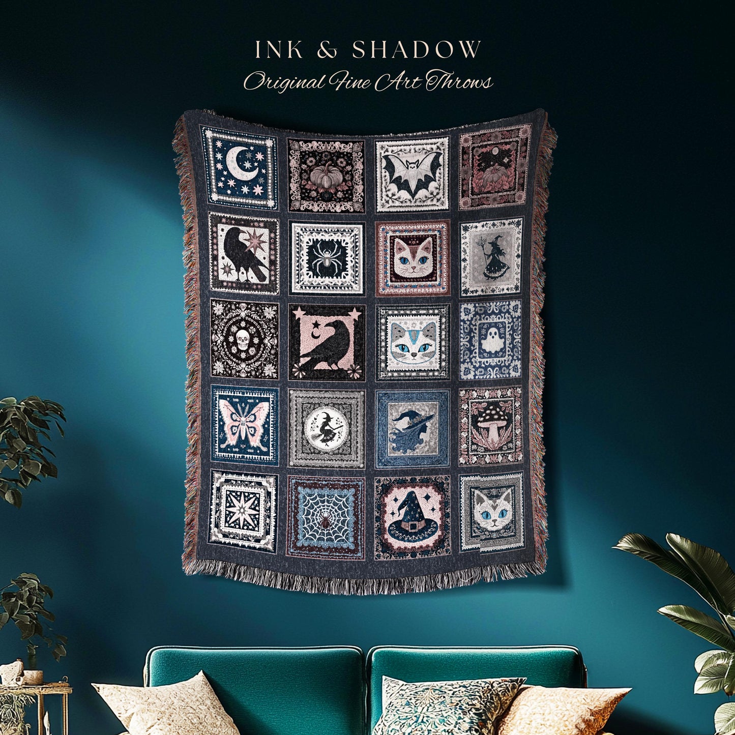 Pastel Crowcore Cute Halloween Throw Blanket | Cozy Witchy Bedroom Accent Grunge Fairycore Decor Spooky Cat Lover Gift Woven Wall Tapestry |