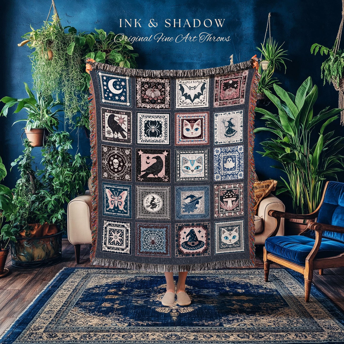 Pastel Crowcore Cute Halloween Throw Blanket | Cozy Witchy Bedroom Accent Grunge Fairycore Decor Spooky Cat Lover Gift Woven Wall Tapestry |