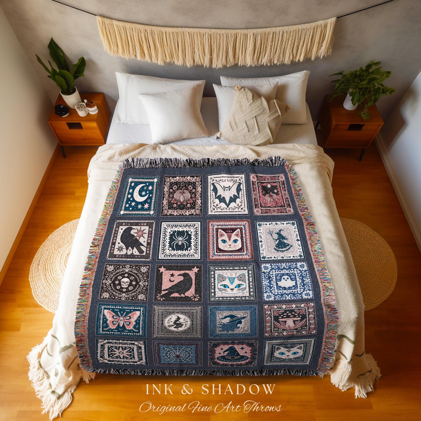 Pastel Crowcore Cute Halloween Throw Blanket | Cozy Witchy Bedroom Accent Grunge Fairycore Decor Spooky Cat Lover Gift Woven Wall Tapestry |
