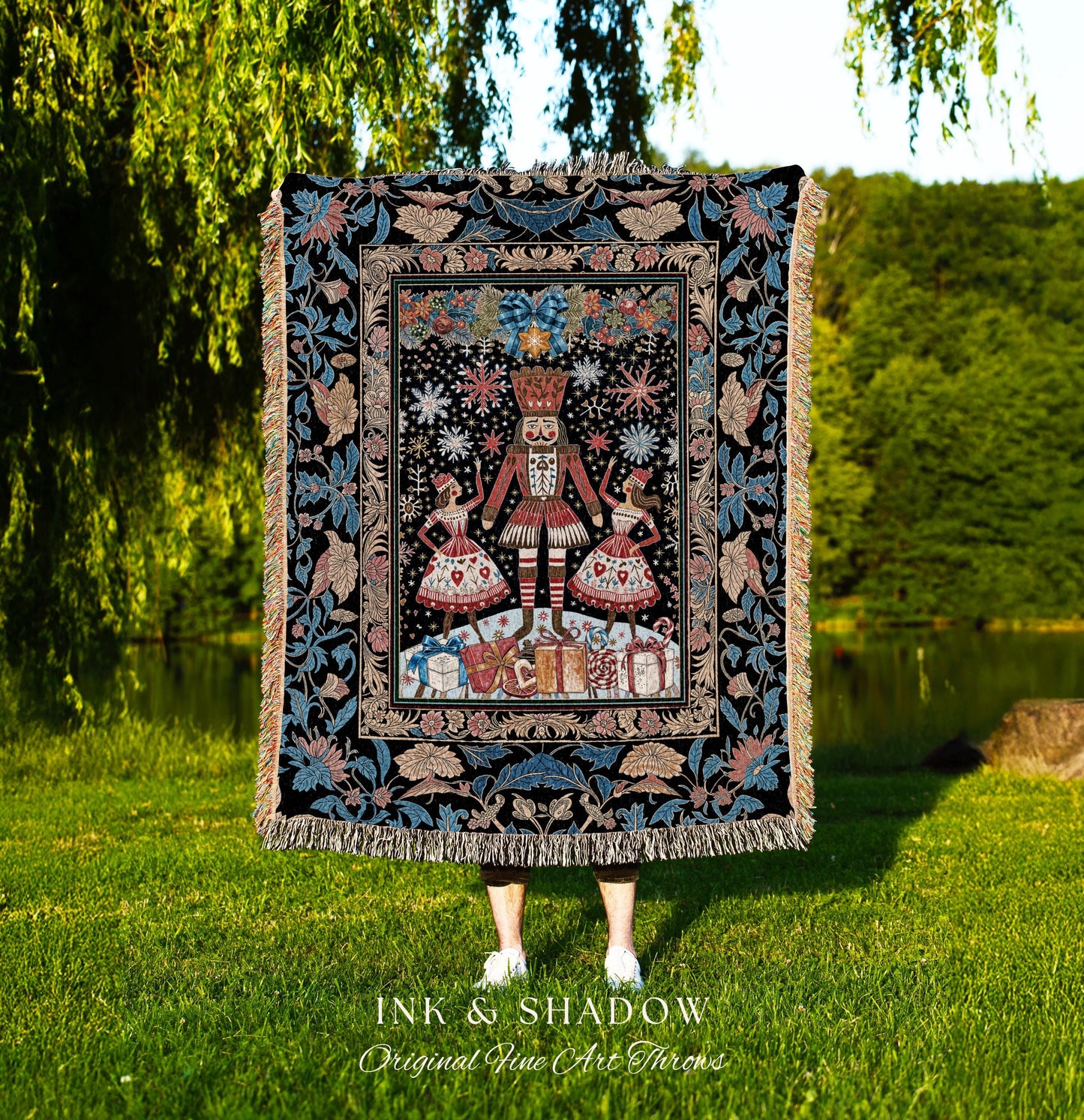 Cottagecore Holiday Nutcracker Blanket | Cozy Nordic Christmas Accent Folk Ballet Decorative Woven Throw Tapestry Seasonal Vintage Festive