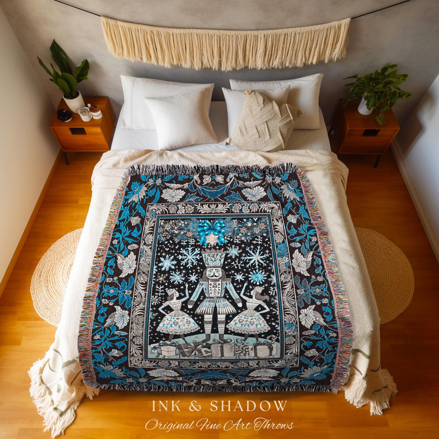 Royal Blue Winter Holiday Throw | Cozy Nordic Pastel Tapestry Ballet Fairycore Christmas Nutcracker Sugar Plum Fairy Woven Cottagecore Decor