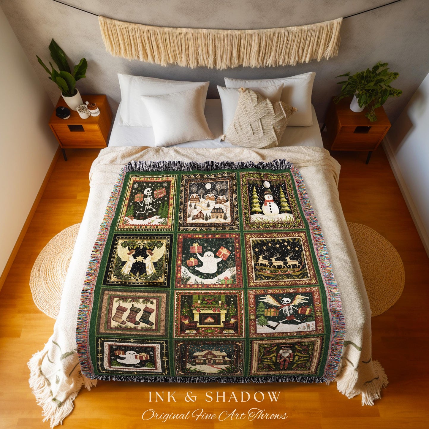 Retro Festive Skeleton Xmas Blanket | Merry Gothmas Christmas Season Cozy Seasonal Holiday Gift Cottagecore Ghost Winter Witchy Skeleton |