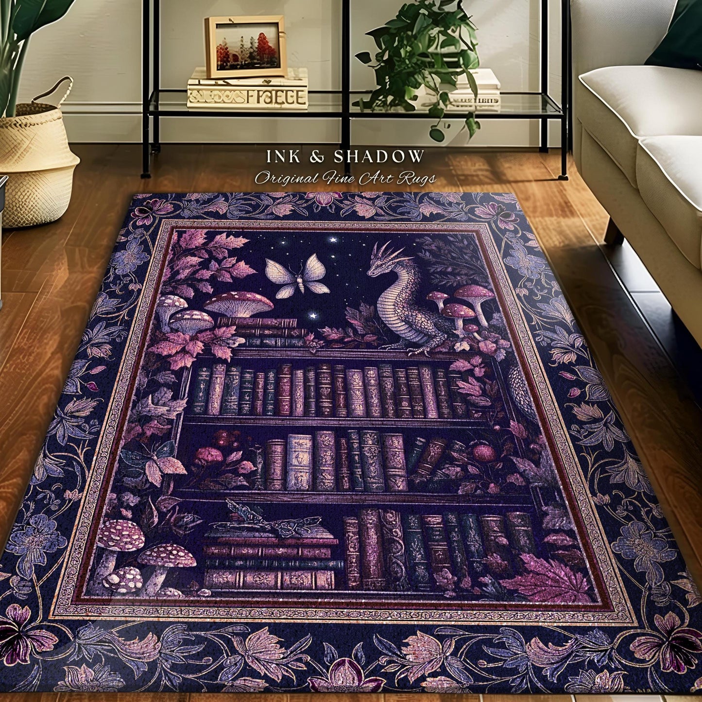 Fairytale Books & Dragon Rug Mystical Cottagecore Purple Decor | Whimsical Witchy Reading Nook Enchanted Victorian Academia Art Area Rug