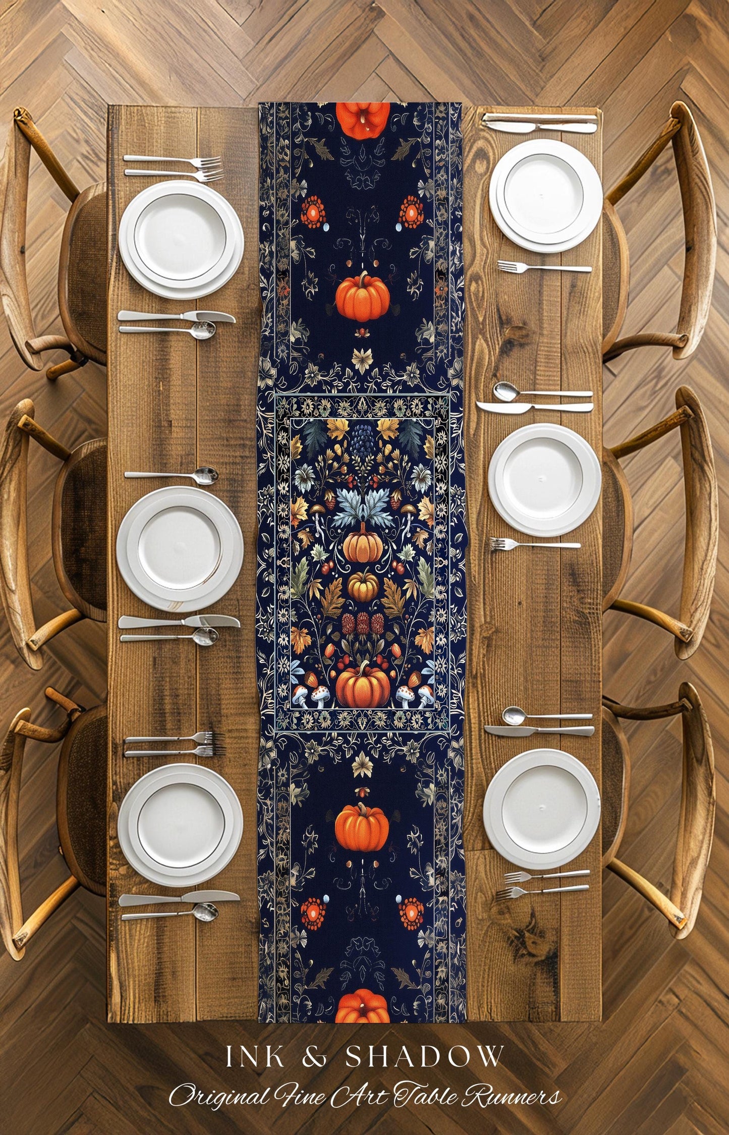 Blue Botanical Pumpkin Table Runner Vintage Aesthetic Autumn Lovers Decor | Fall Decoration Eclectic Dark Academia Elegant Boho Cottagecore
